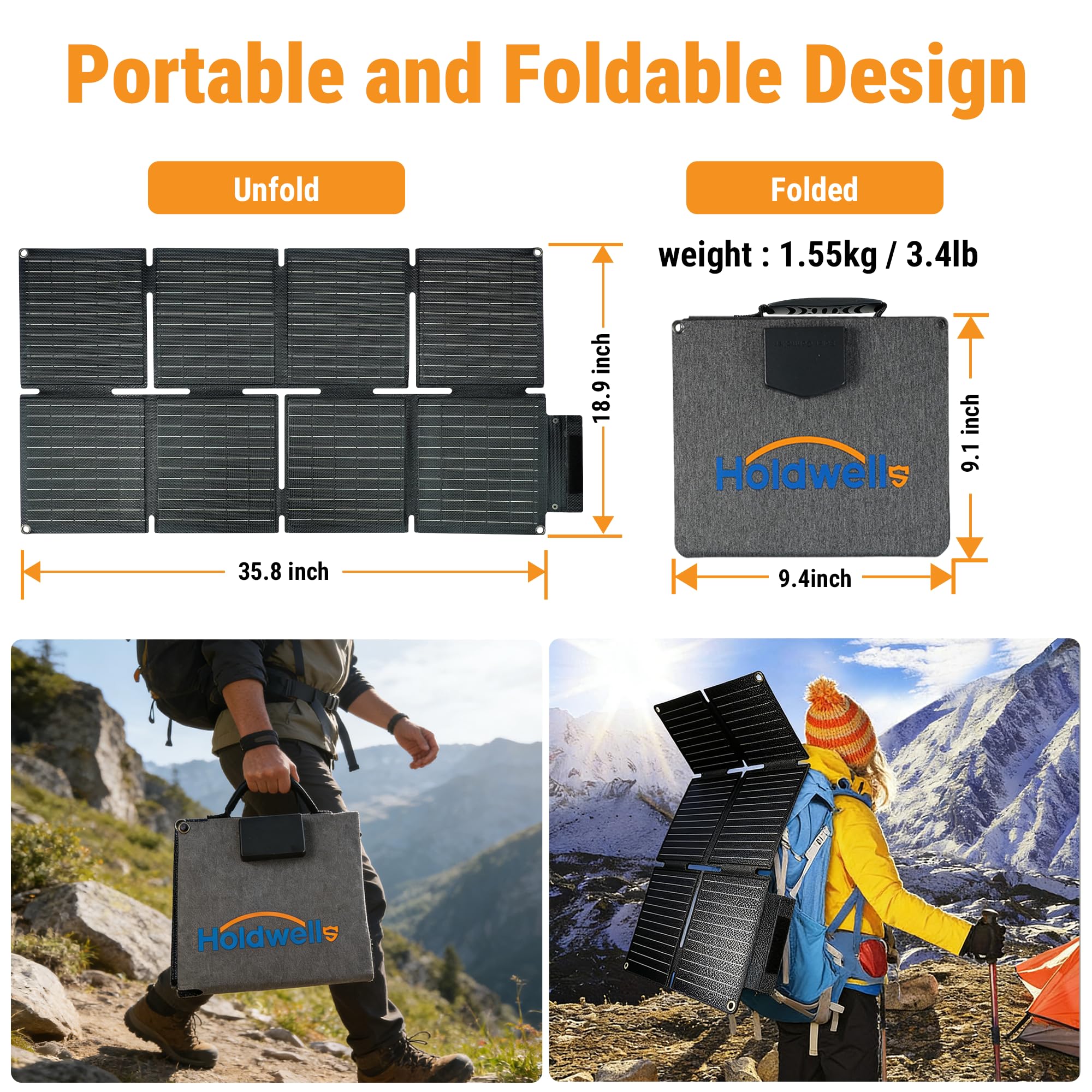 HoldwellS Panneau solaire portable 60 W, panneau monocristallin pliable à haut rendement (25%), gestion intelligente de l'énergie, ports USB-A QC3.0 et USB-C PD, sortie DC, résistant à l'eau IP65