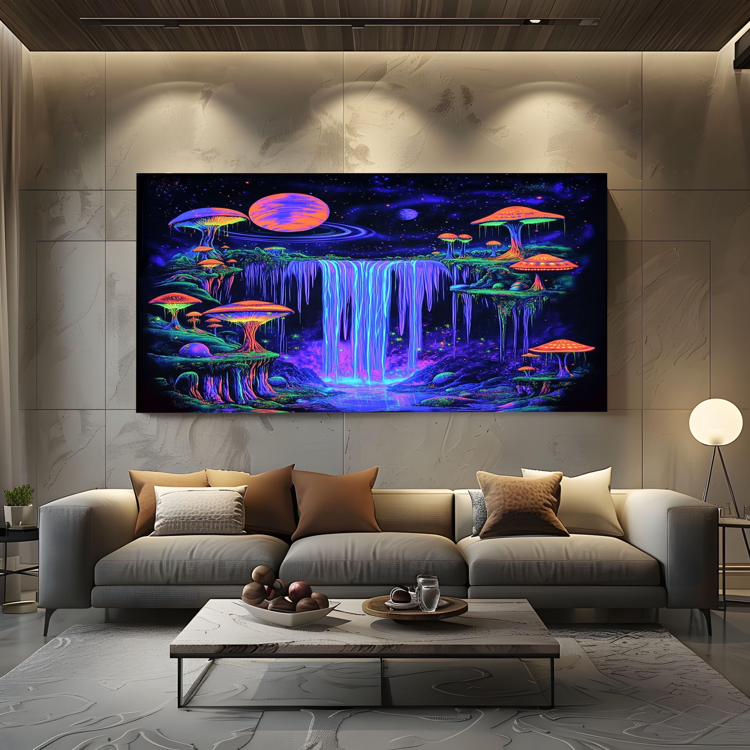 ZORYAN Psychedelic Mushroom Extra Large Wall Decor Fantasy Waterfall Canvas Modern Canvas Prints Neon Planet Abstract Painting for Kitchen Office Restaurant, Framed 60x120 cm