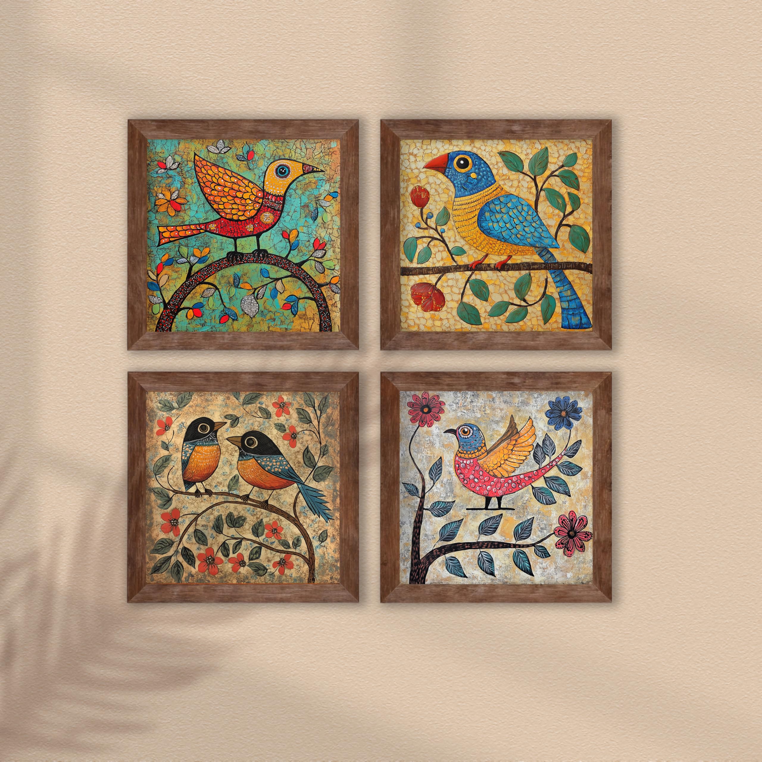 PAINTINGMANTRA Colorful Birds & Flowers Wall Art Prints, Bright and Bold Botanical Designs with Exotic Birds Paintings for Home, Living room & Office Decor (9x9 Inches, Set of 4)