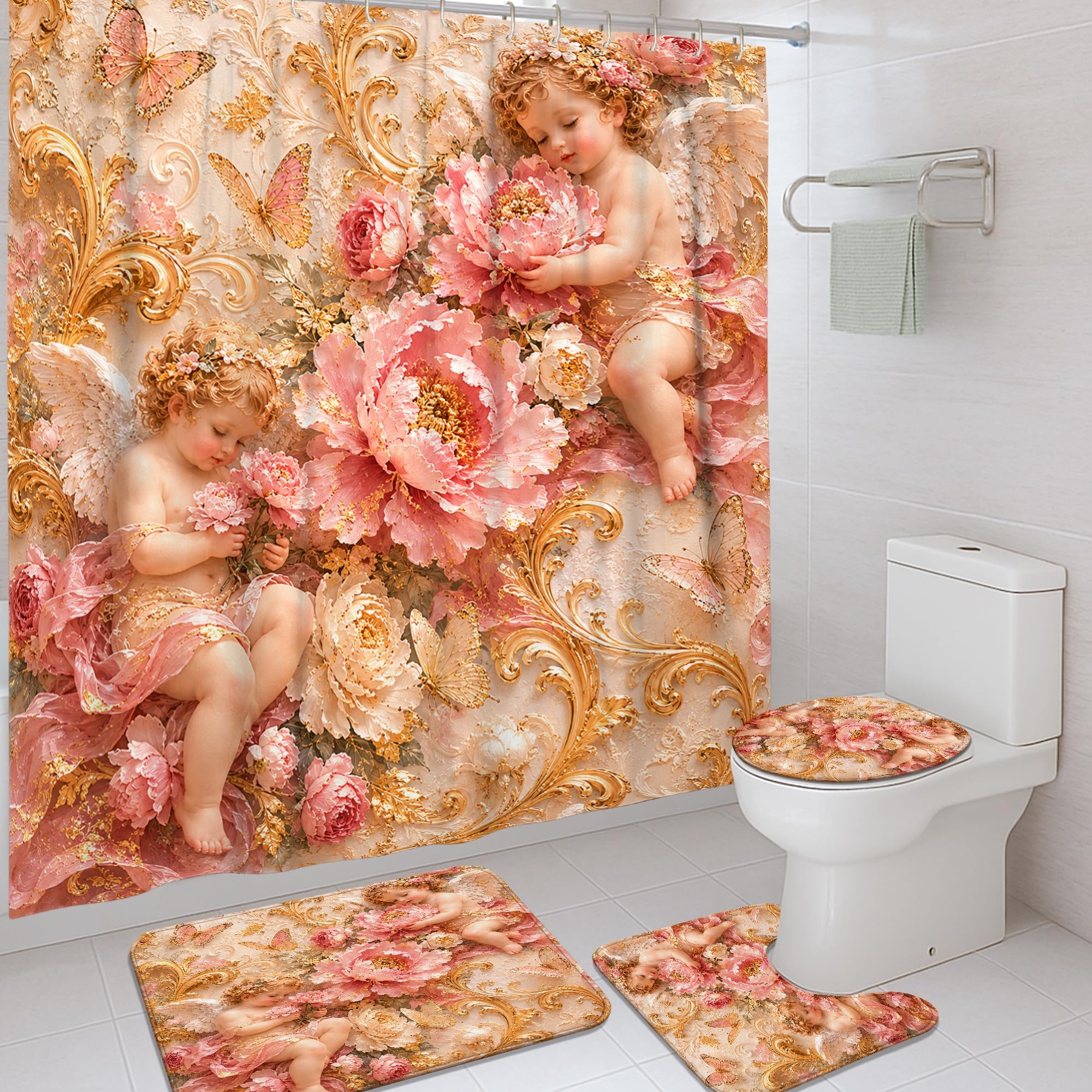 Rideau de douche baroque ange pour embellir une chambre d'hôtes romantique
