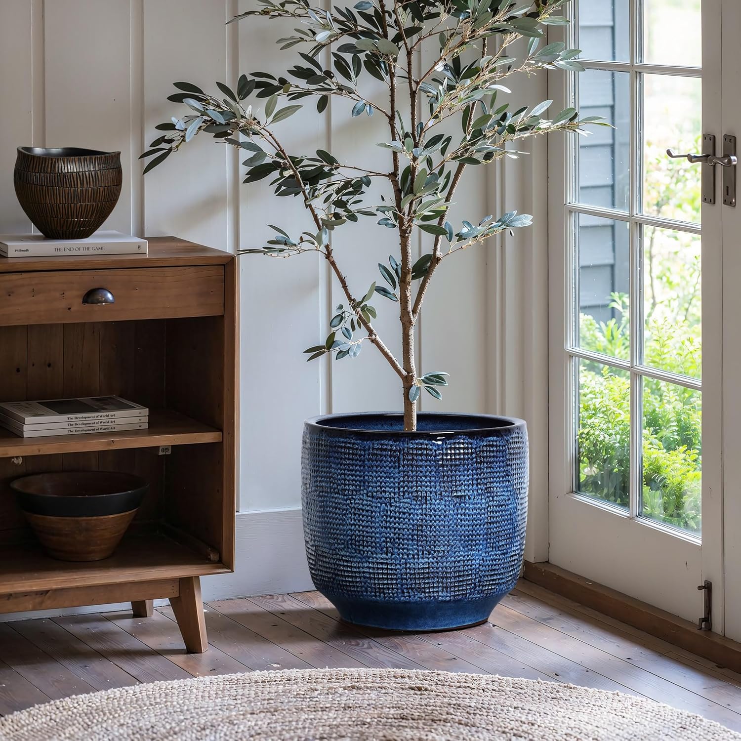 LuxenHome 15.75" Dia Large Ceramic Pots for Plants, Blue Glazed Planters for Outdoor Plants, Round Indoor Flower Pots with Drainage Hole and Rubber Plug for Home Garden Patio