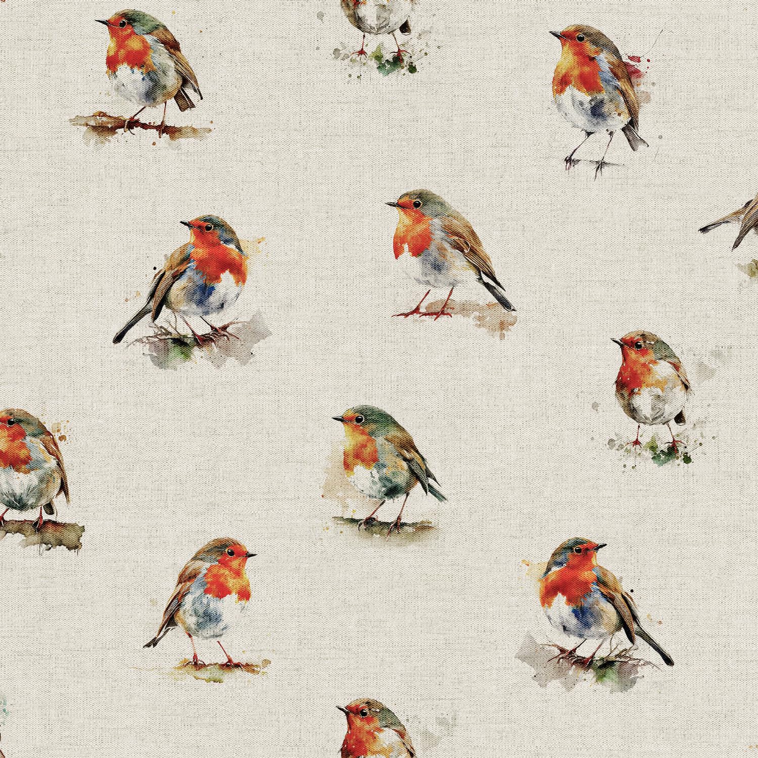 Glamour Secrets Multicoloured Cotton Rich Linen Look Upholstery Fabric 'Watercolour Robins' Digital Print - Per Metre - 140 Cm Wide