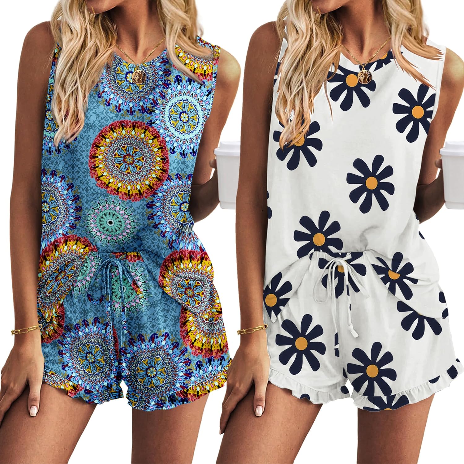 Ekouaer Women’s 2 Pack Pajama Set with Ruffled Shorts