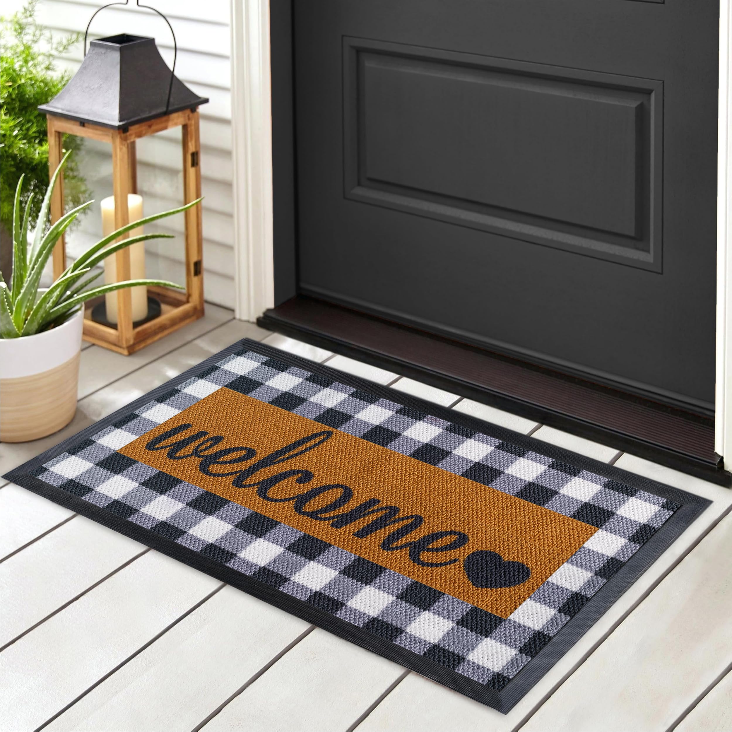 ubdyo Welcome Mat for Front Door Outside - Dirt Trapping Doormat Outdoor Entrance - Low Profile Welcome Matt Outdoor - Rubber Backing Anti Slip Door Mat - Regular 30'' x17'' (Checkered)