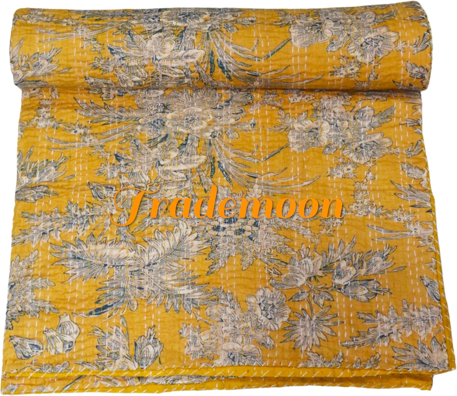 Indian Handwoven Floral Kantha Quilt, Black & White Cotton Bedspread with White Stitched Pattern, Kantha Gudri (Single 60" x 90")
