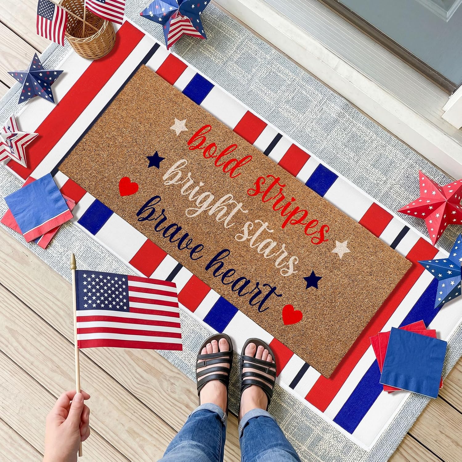 Moucuny 2 Pcs Patriotic Doormat Outdoor Decor 4th of July Coir Doormat Red Blue White Striped Welcome Rug Non-Slip Independence Day Memorial Day 250th Anniversary Mat Front Porch Entrance Decor