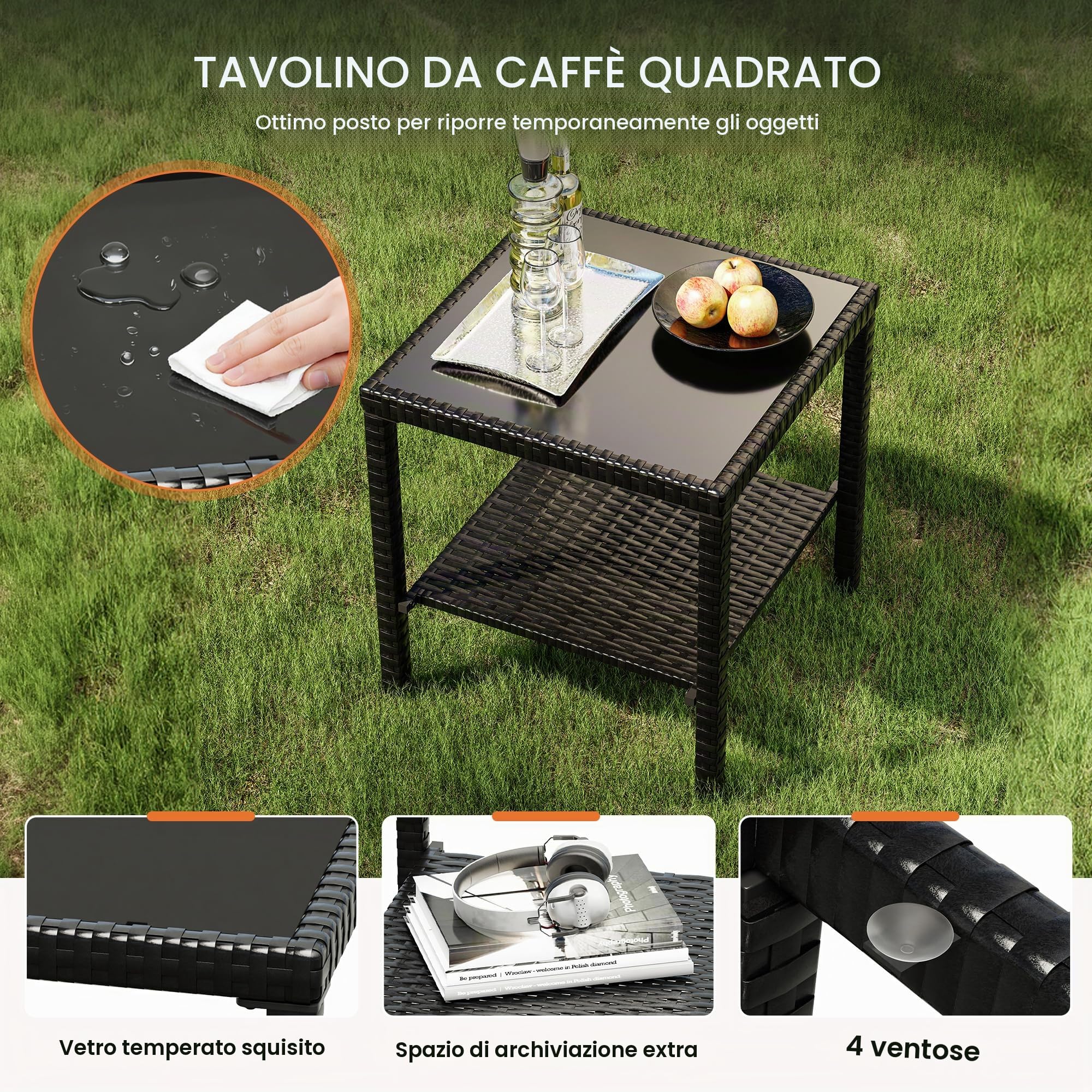 UDPATIO Set di 3 Lettino Prendisole, Poly Rattan, con Cuscino Testa e Tavolo, 5 Regolazioni, Lettini Prendisole da Giardino Impermeabili, per Esterno, Jardín, Patio (Nero)
