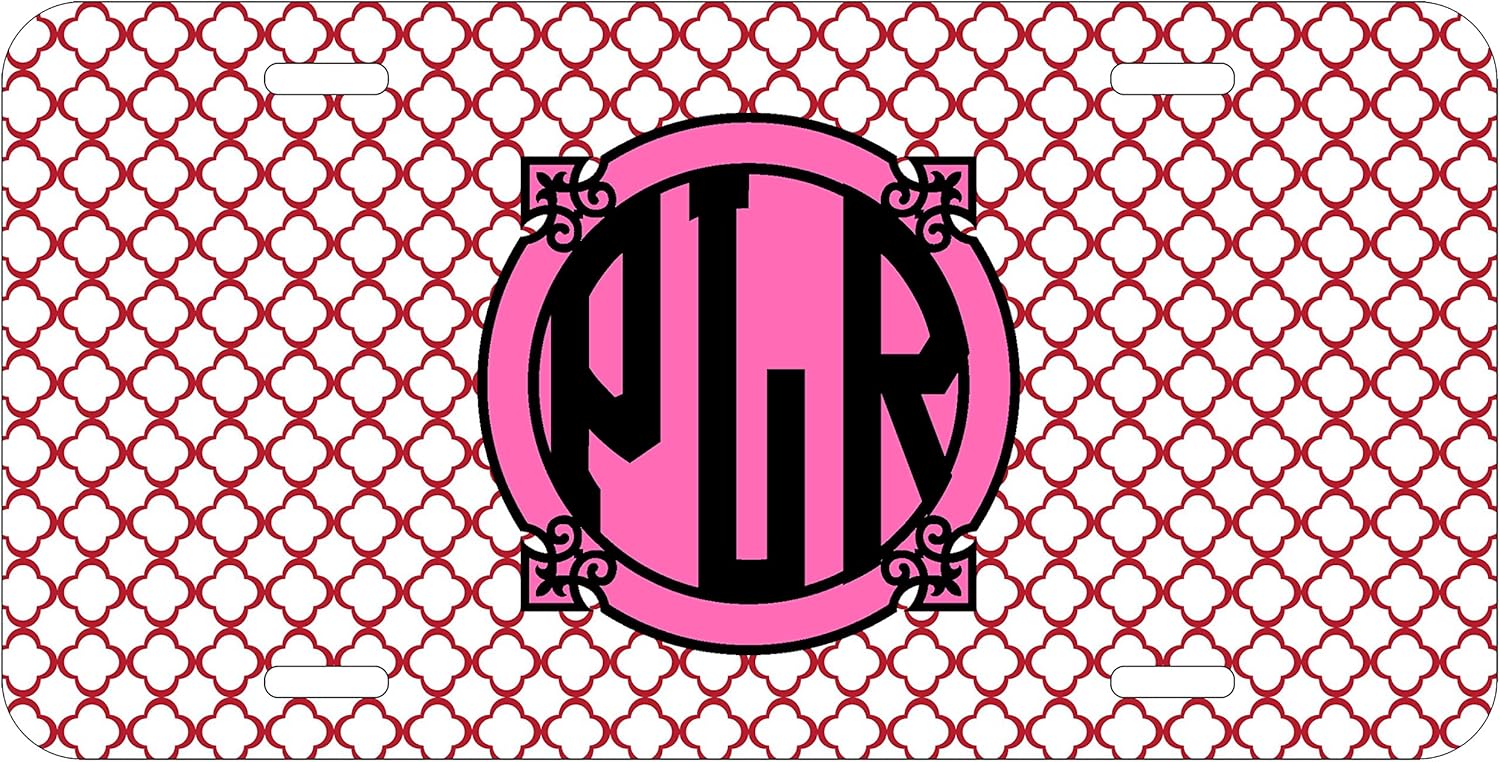 Top Craft Case Personalized Monogrammed Quatrefoil Pink Red License Plate Auto Tag