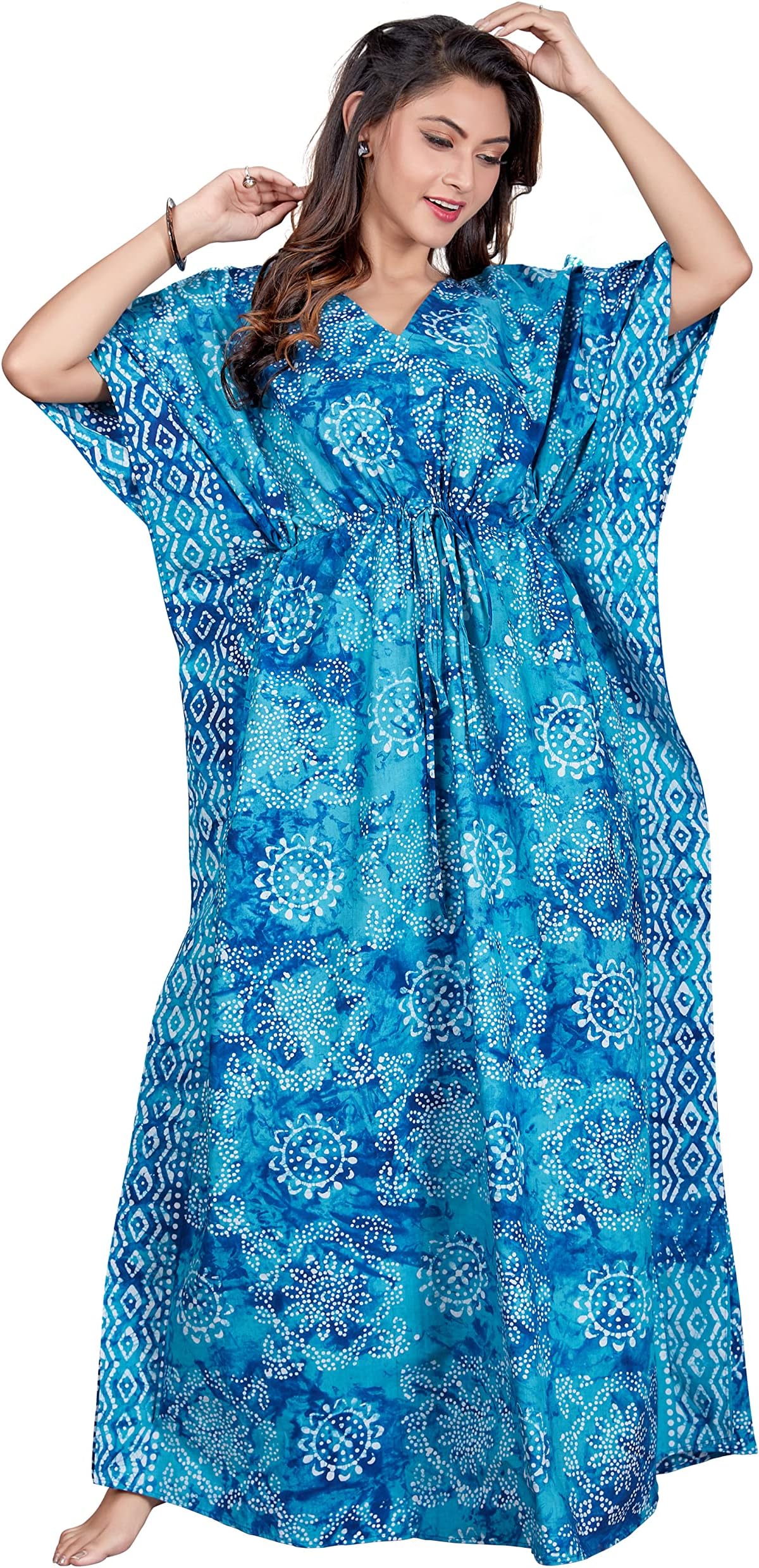 THEKAFTANSHOPWomen Cotton Hand Dyed Batik Kaftan Nighty with Drawstring Waist | V-Neck Printed Free Size Relaxed Fit Casual Sleepwear Loungewear Nightwear Kaftan Dress Gift (Blue Block)