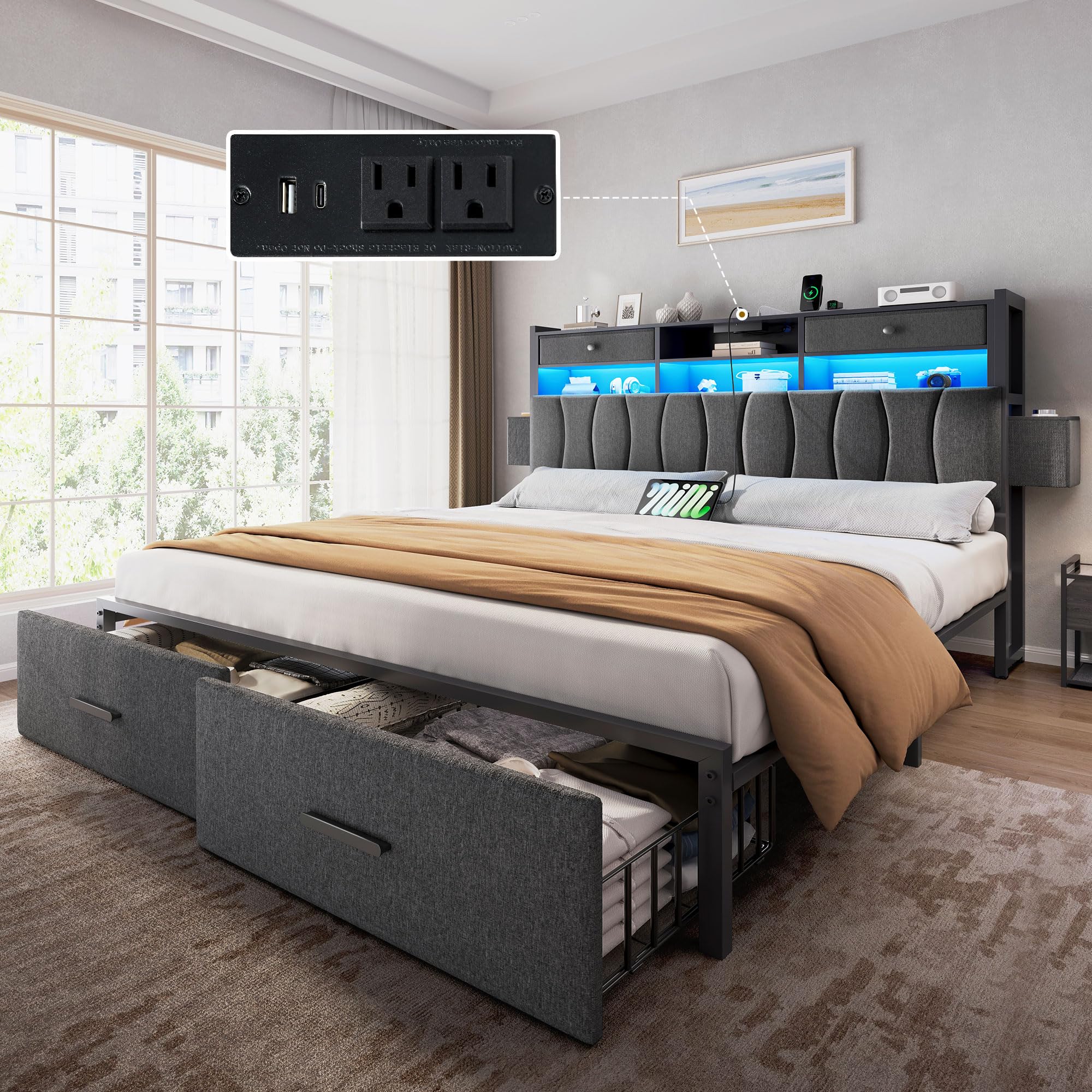 Photo 1 of YITAHOME King Size Upholstered Bed with Charging Station & LED Lights