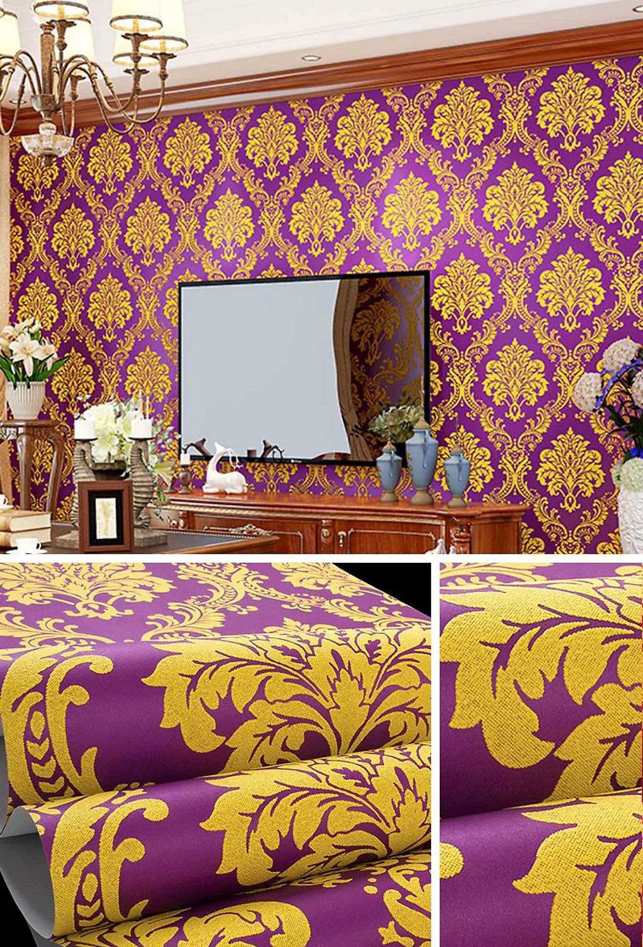 Wallpaper Empire Purple Gold Wpe® Royal Purple & Gold Textured Damask Wallpaper – Luxury Baroque Design – Paste The Wall – Washable & Easy To Hang – 9.5M X 0.53M Roll 70-708
