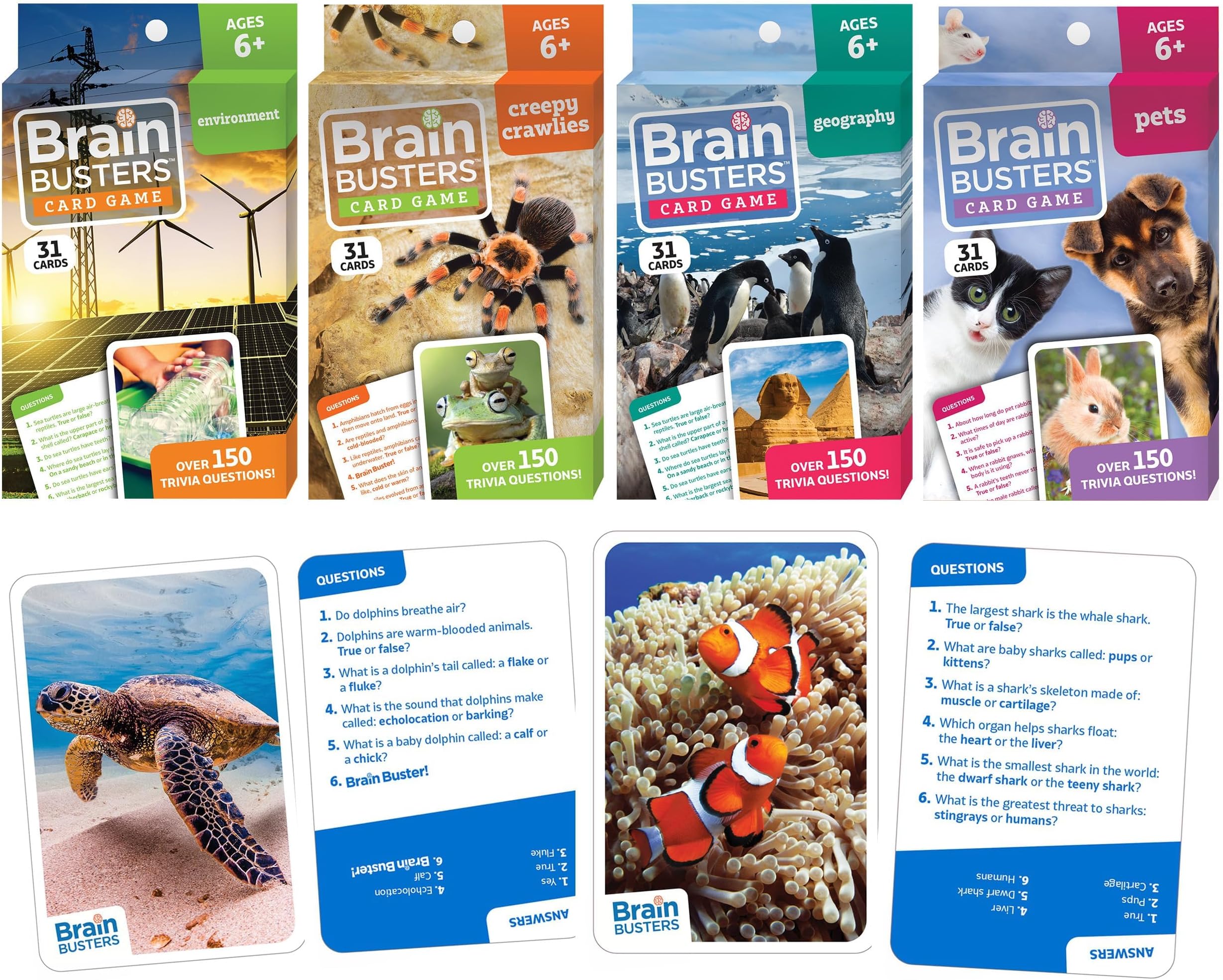 Brain Busters Card Game for Kids, Family Trivia Game Bundle with 120 Flash Cards - Learn and Play with Multiple Choice Trivia Cards About Environment, Insects, Geography and Pets (Ages 6+)