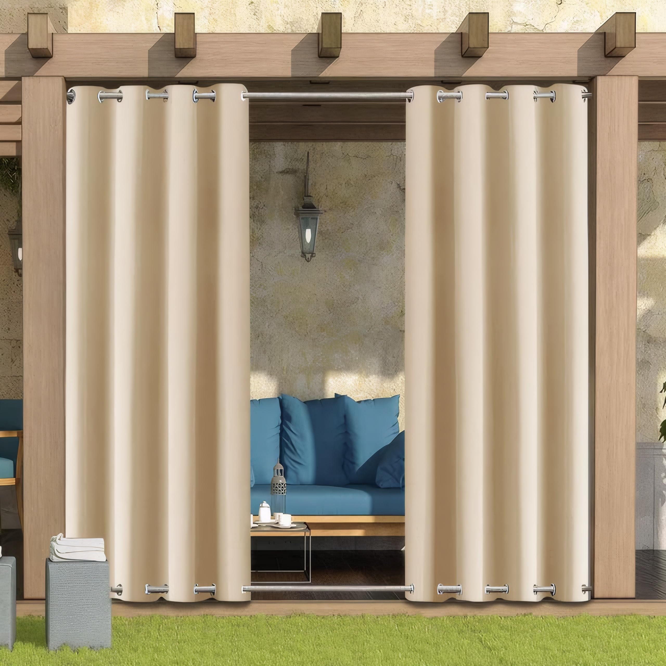 LiveGo Outdoor Curtains for Garden Patio Gazebo Pergola,Waterproof,Windproof,Blackout Thermal Insulated Double Grommet(Top and Bottom) Outdoor Curtains for Garden Patio Door(2 Panel,52"*94",Beige)-image-9