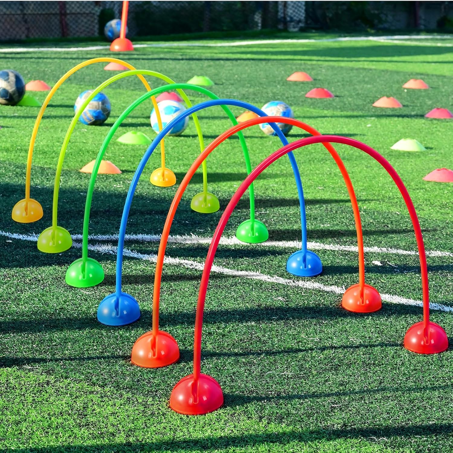 Hiboom 6 Set Multi-Dome Arch Gates Set Include 6 Obstacle Course Arch Gates with 12 Domes Base Rainbow Color Sport PE Equipment for Adult Obstacle Course Outdoor Backyard Lawn Sports Games