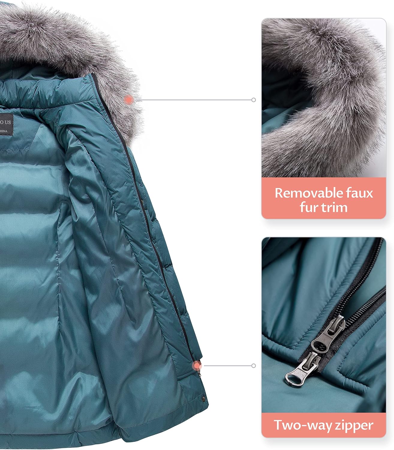 CREATMO US Women's Winter Snow Jacket Long Fur Puffer Coat With Removable Faux Fur Trim - Image 6