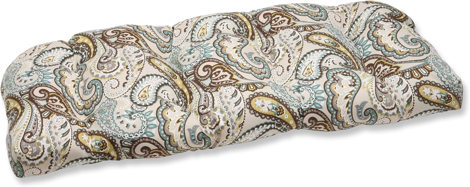 Pillow Perfect Paisley Indoor/Outdoor Sofa Setee Swing Cushion, Tufted, Weather, and Fade Resistant, 19" x 44", Blue/Brown Tamara Quartz,