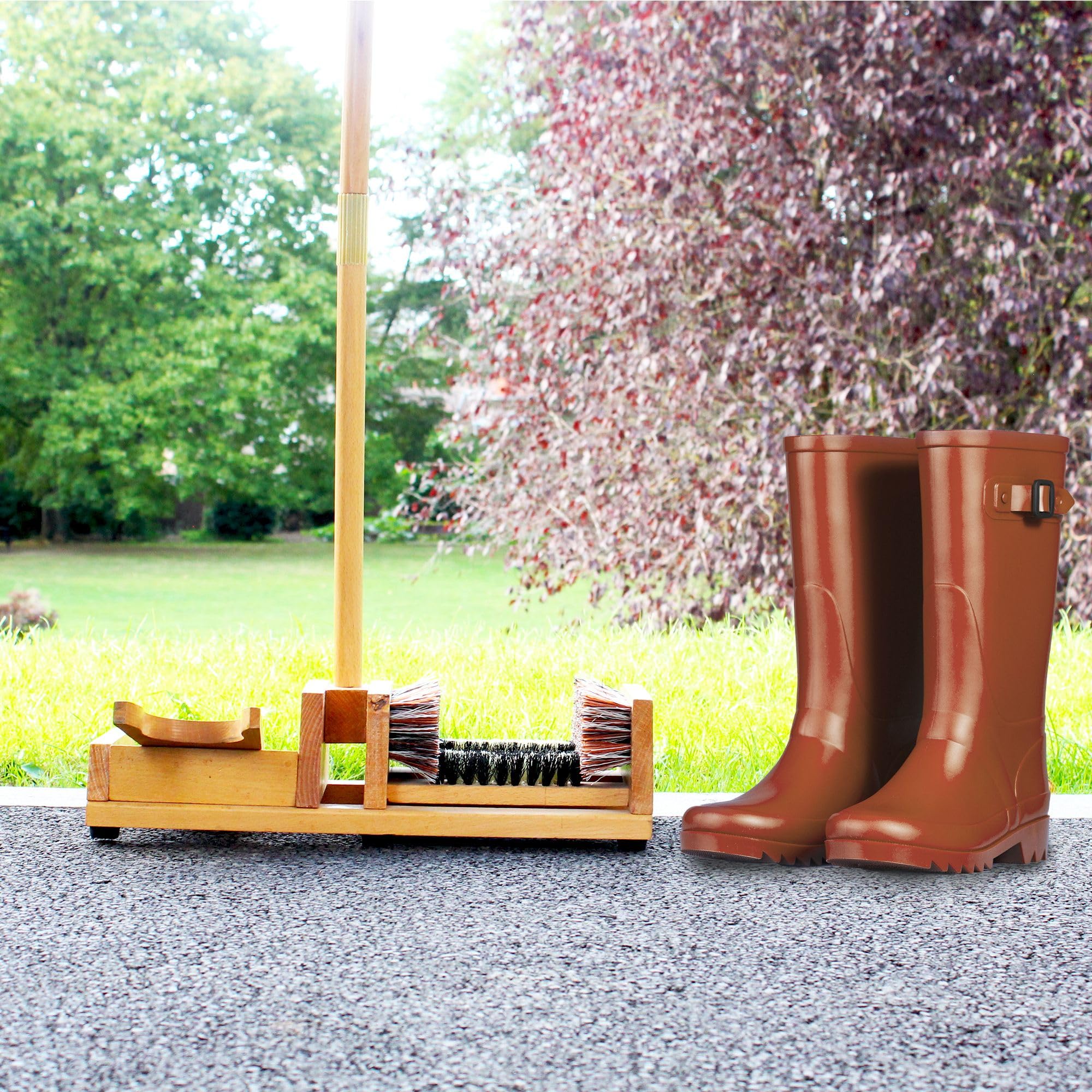 Sacabotas / 4 Cepillos - Sacabotas con Palo de equilibrio - Cepillo, Rascador de botas, limpia zapatos - Práctico para retirar las botas sin esfuerzo - 90 cm - Madera