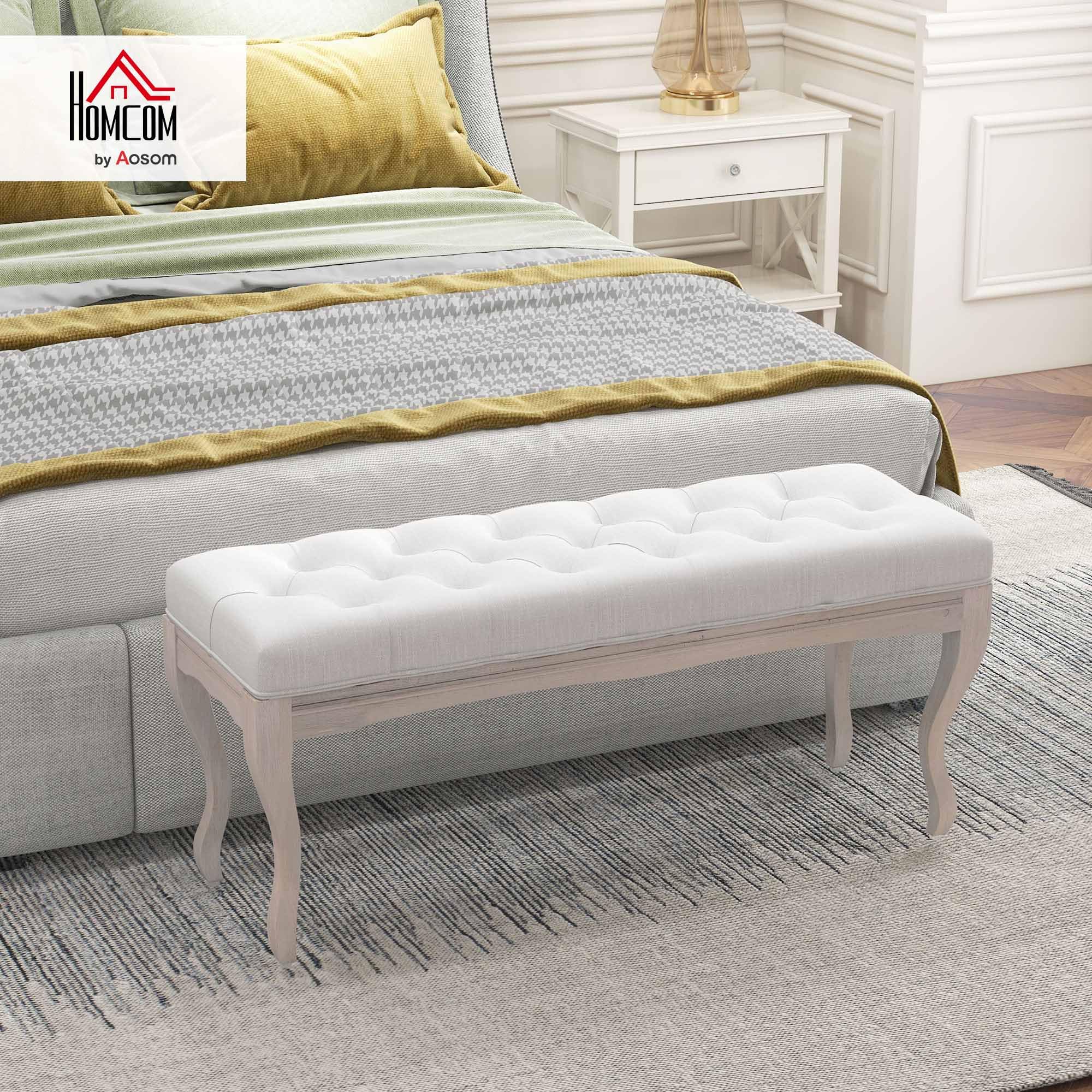 HOMCOM Taburete Pie de Cama Banco para Pie de Cama con Pies de Madera y Asiento Acolchado Carga 120 kg Banqueta de Dormitorio para Entrada Pasillo 110x37x49 cm Crema