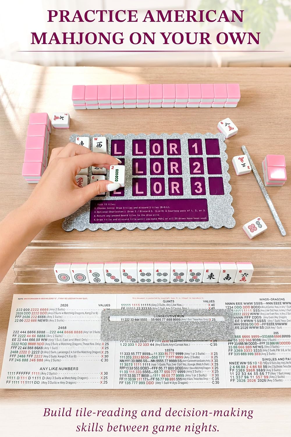 Mahjong Solo Practice Board Set, 3-Piece Acrylic American Mahjong Practice Board with Line Finder & Marker Strip, Charleston Guide, Purple Glitter Mah Jongg Accessories Gift image 3