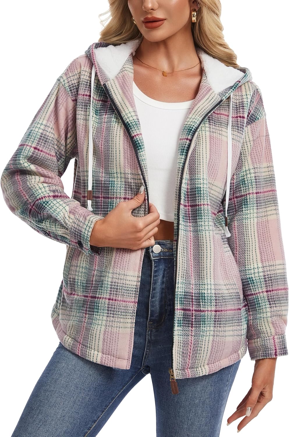 YUCOLEN Women's Fleece Flannel Jacket Plaid Zipper Sherpa Jacket Long Sleeve Hooded Winter Warm Coat with Pockets