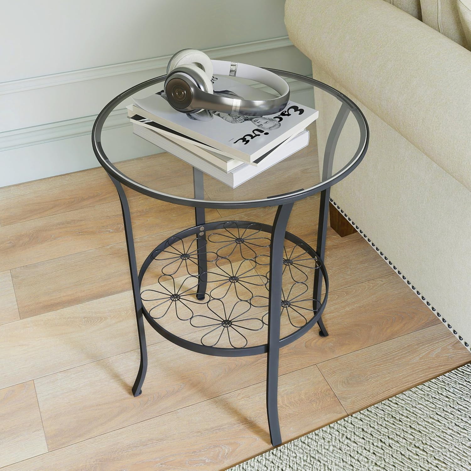 DDK 2-Tier Round Side Table with Tempered Glass Top & Decorative Floral Metal Shelf, Outdoor End Table for Patio Balcony, Indoor Accent Table for Living Room Bedroom