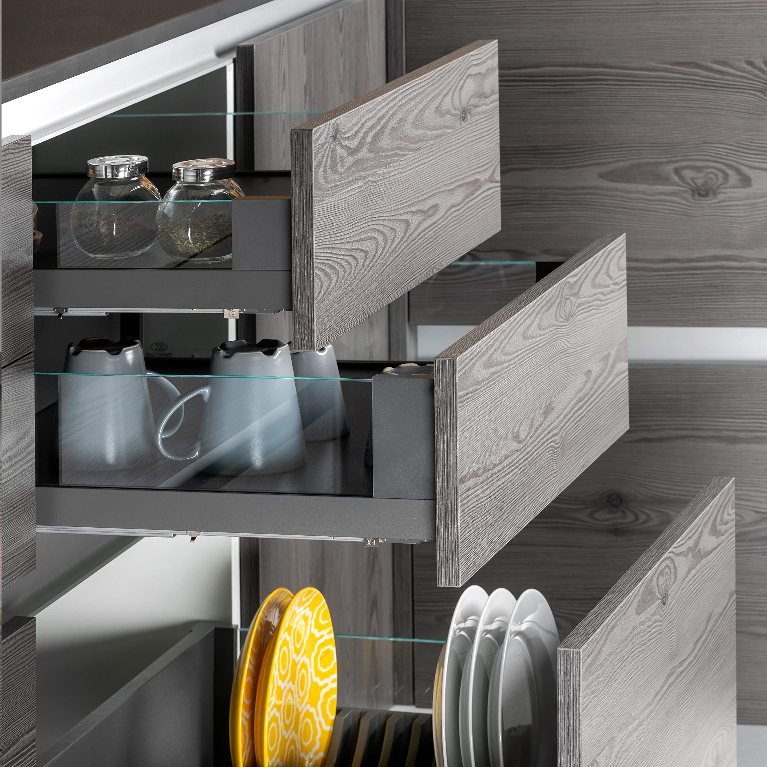 Emuca - Tiroir extérieur Vertex 40 kg hauteur 93 mm avec côtés en verre, 450 mm, Gris anthracite, Acier et Aluminium et Verre, 1 kit