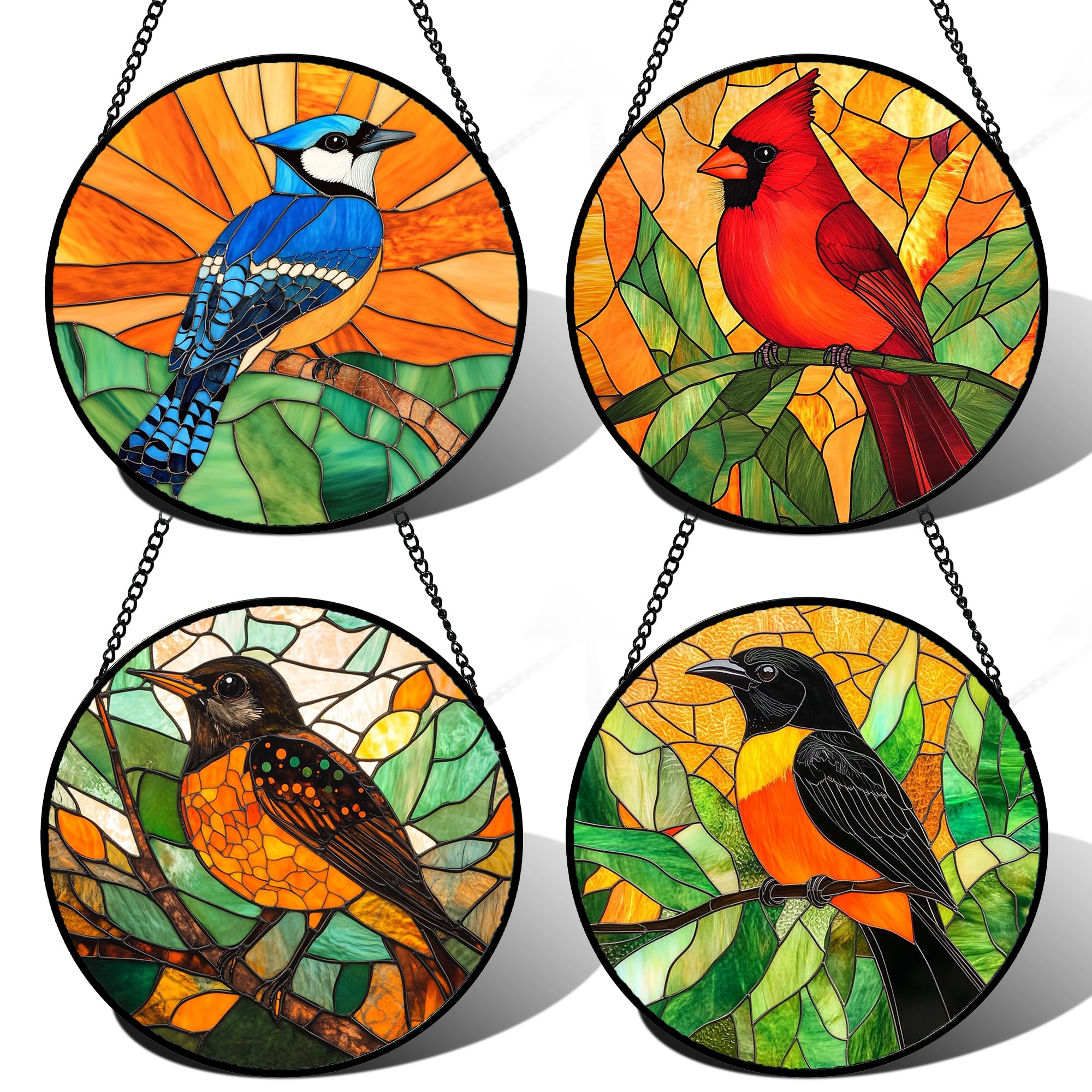 DASTOLL Stained Glass Window Hanging 4 Pcs Set Birds Large 11.8" - Cardinal Blue Jay Suncatcher Door Garden Sun Catcher Decor Birthday Christmas for Bird Lovers Mom Woman Nana Men