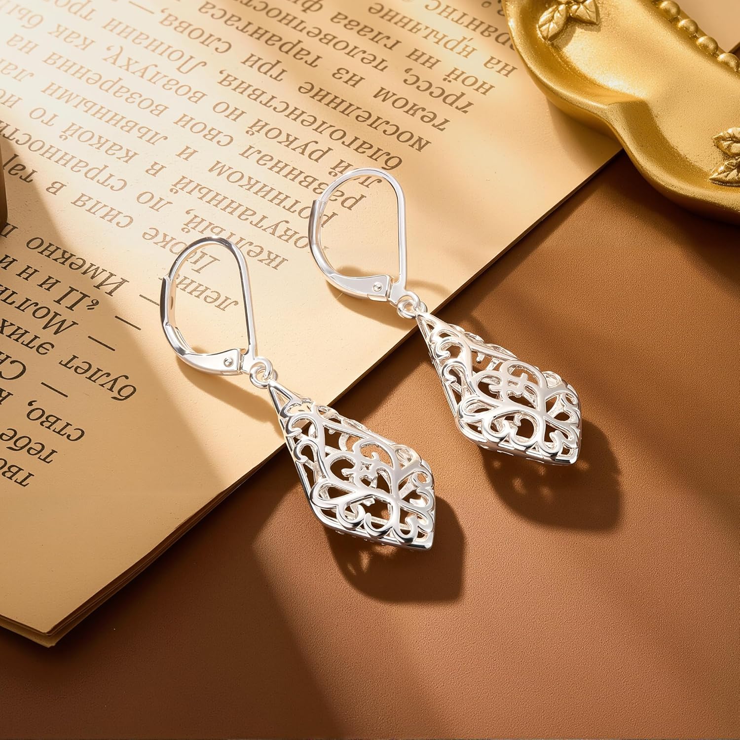 925 Sterling Silver Dangle Earrings for Women, 14K Gold Plated Filigree Dangling Leverback Earrings, Geometric Hypoallergenic Lightweight Dangly Drop Earings for Women Trendy Jewelry Gifts - Image 3