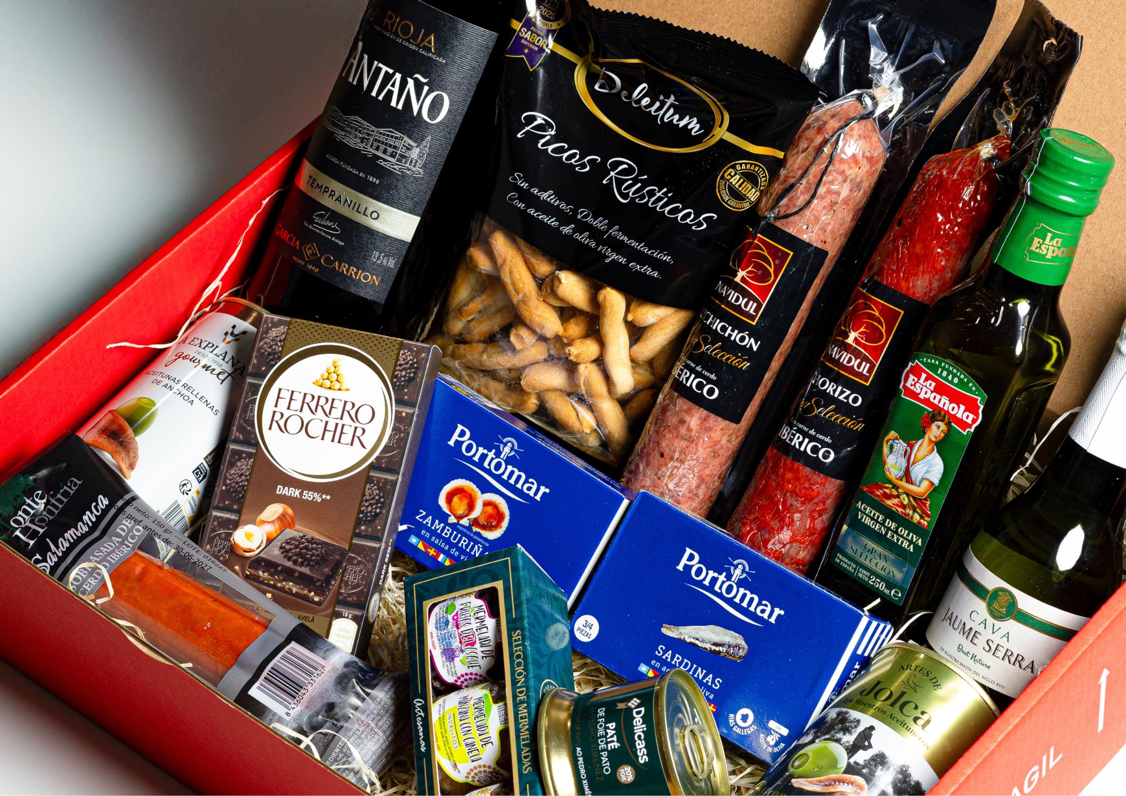 FAMILYCOM Cesta Gourmet para regalar - Surtido con Chocolates originales de regalo - Lote de embutidos, Conservas, Selección de vinos, Champagne, Aceite De Oliva Virgen - Regalo Hombre, Mujer