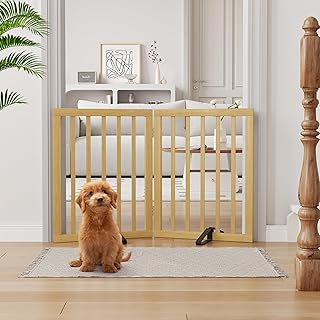 Semiocthome Bamboo Freestanding Dog Gates for Doorways, 2-Panel Indoor Puppy Gates for The House with 2 Metal Stands, 60cm(H) Folding Pet Gate for Stairs Expands Up to 94cm(W) Natural