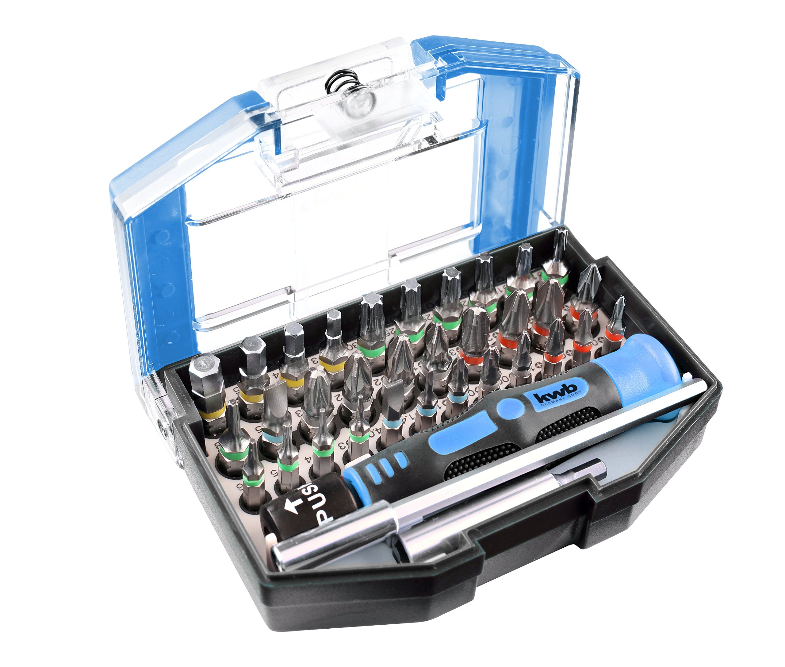 kwb One For All Bit-Box – 35-tlg inkl. Bits, Schnellwechsel-Bithalter mit Magnet und Handgriff in stabiler Kunststoff-Box mit Gürtel-Clip, 7.3 x 10.5 x 4 cm