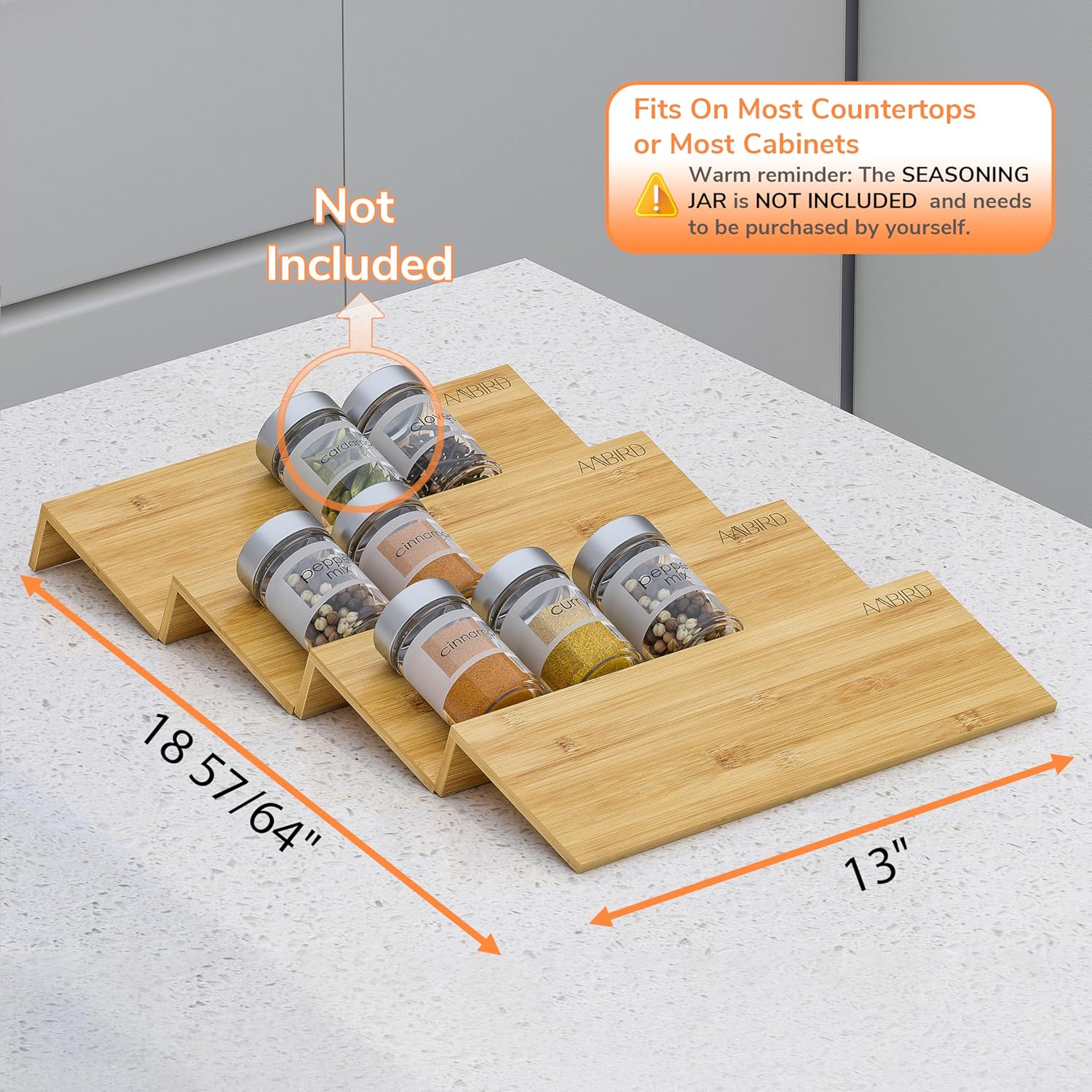 AMBIRD Bamboo Spice Drawer Organizer with Non-slip Mat, 4 Tier Jar Spice Rack Tray 13'',Seasoning Organizer for Kitchen,Cabinet,Drawers,Countertop