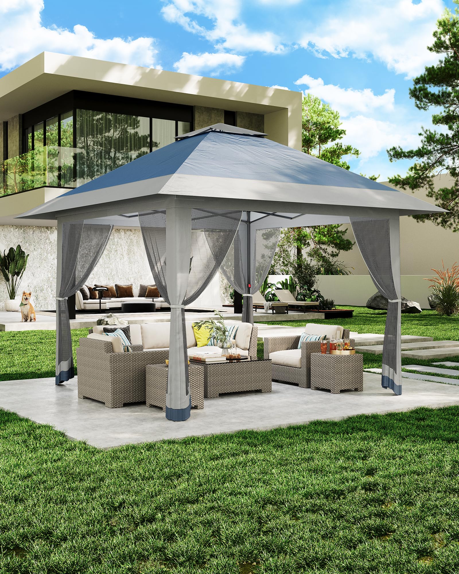 4 x 4 m Pop Up Gazebo, Waterproof Pop Up Tent with 4 Mosquito Net Side Panels, Heavy Duty Gazebo with Carry Bag, 360° Ventilation, Instant Event Shelter for Patio, Garden, Family Parties and Camping