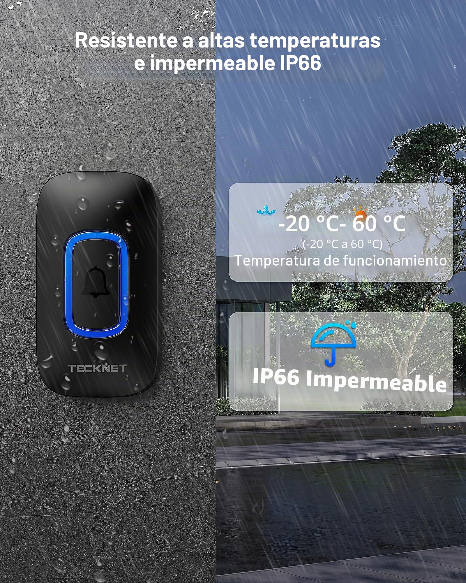 TECKNET Timbre Inalámbrico con Pilas, RGB Timbre Inalámbrico Exterior Impermeable IP66 con 3 Receptores, 400M Alcance, 5 Niveles de Volumen y 60 Melodías para Casa, Hotel, Oficina, Emergencia