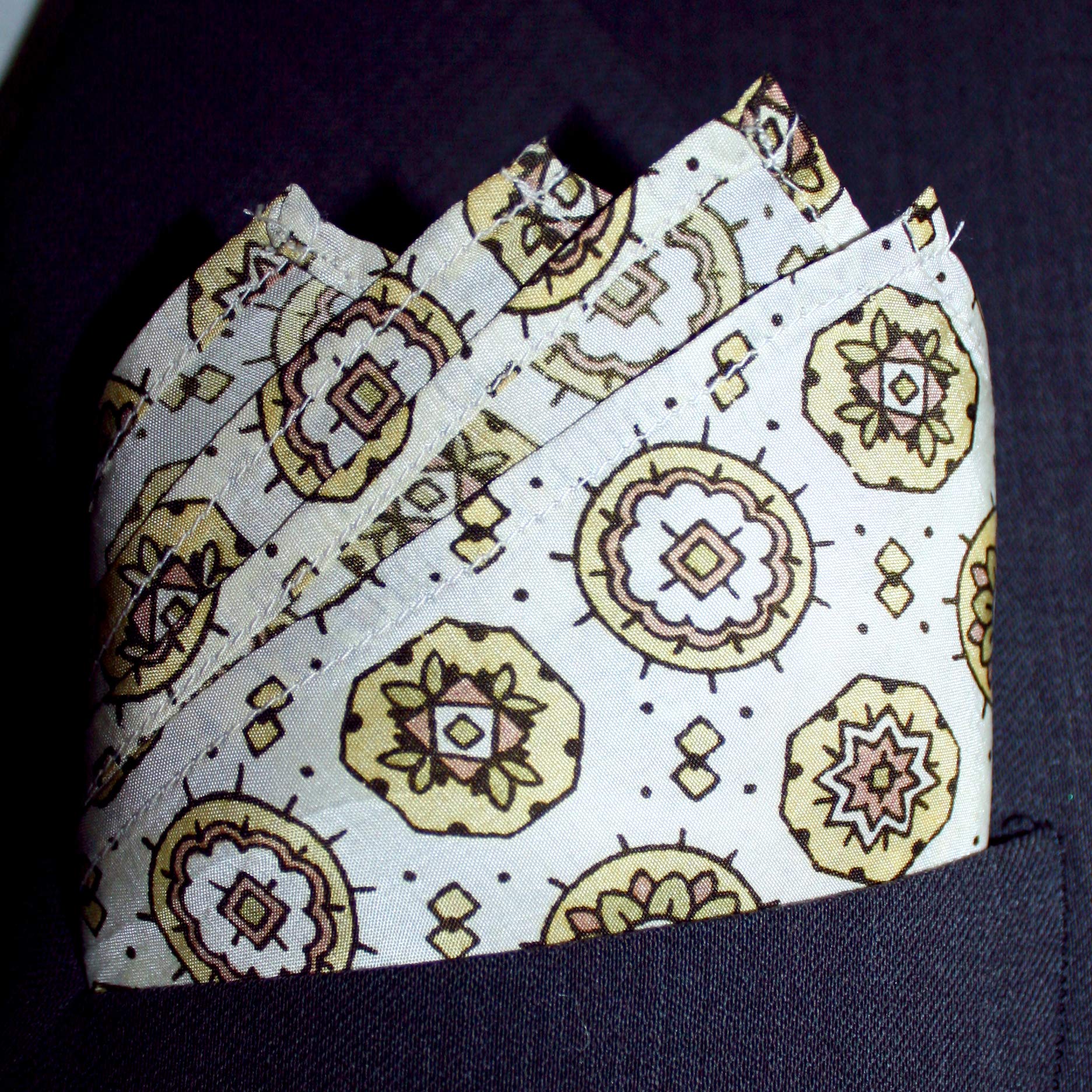 Royal Silk White Ivory Medallion Print Silk Pocket Square 100% Mulberry Silk - Large 16” Square