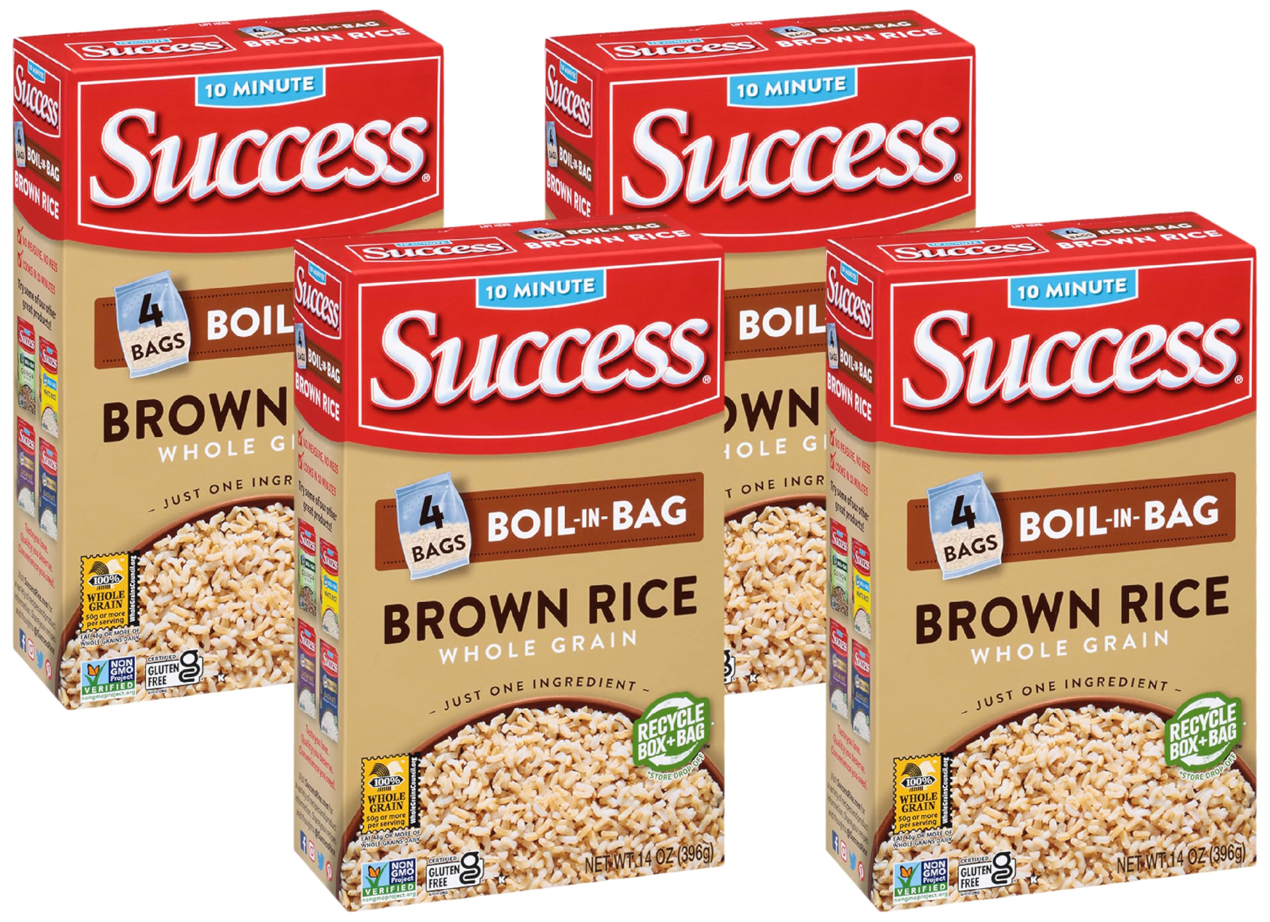 Success Boil-in-Bag Rice, Brown Rice, Quick and Easy Rice Meals, 14-Ounce Box (Pack of 4)