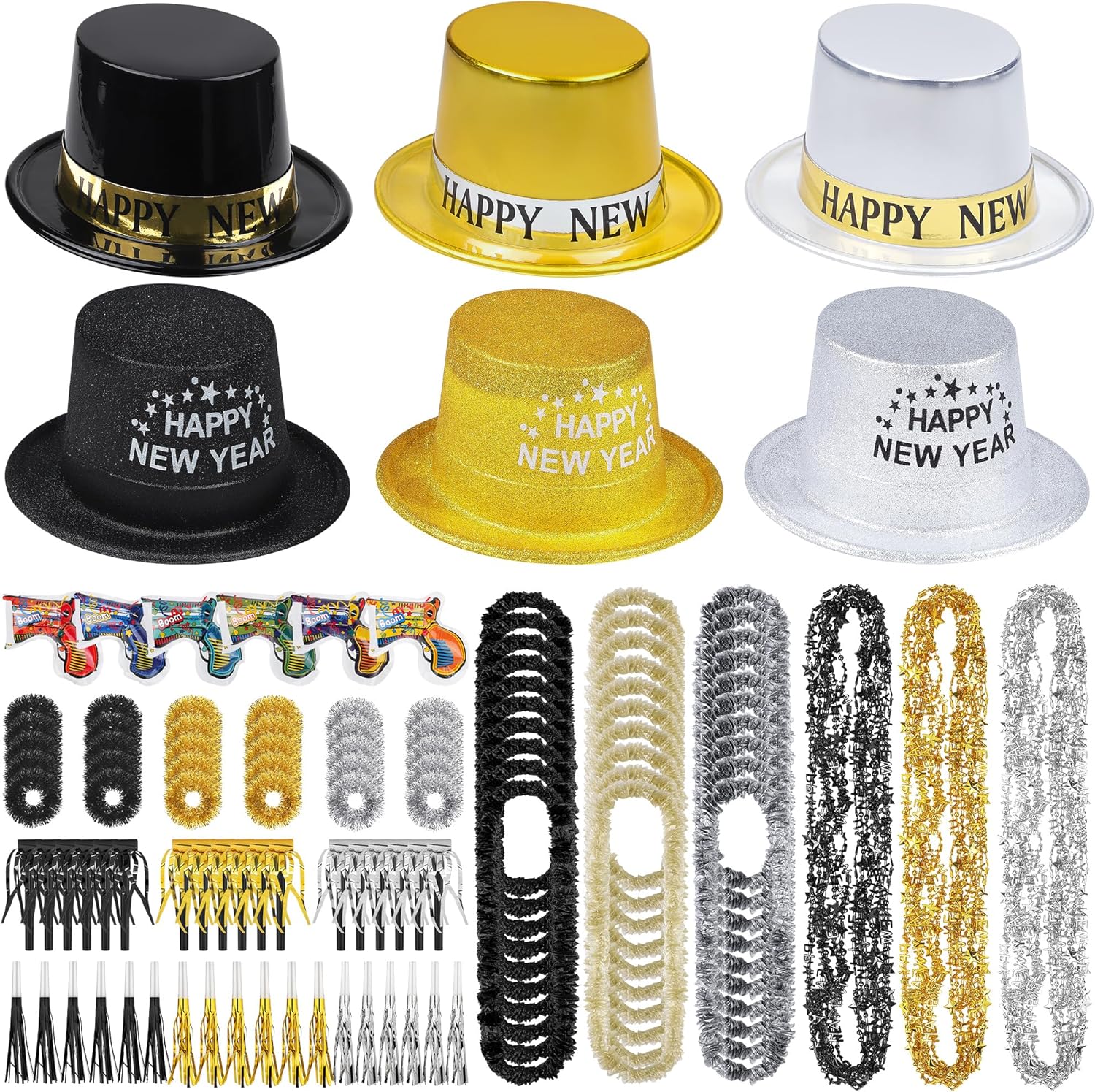 Fovths 288 Pieces 2025 New Years Eve Party Supplies Includes Top Hats Noisemakers Horns Confetti Shooters Sequin Ribbon Bracelet Bead Necklaces Plastic Leis for New Year Party Favors