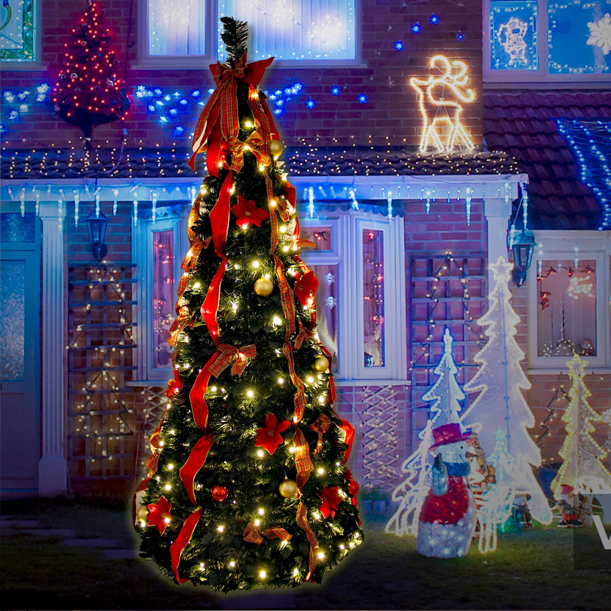 6FT Pop up Large Christmas Green Tree with Red Ribbon Bow and 18 Christmas Ball,Diameter 30in Tinsel Christmas Tree with 200 Lights and No Battery,Sparkling Ornament Tree for Outdoor Indoor Home Party