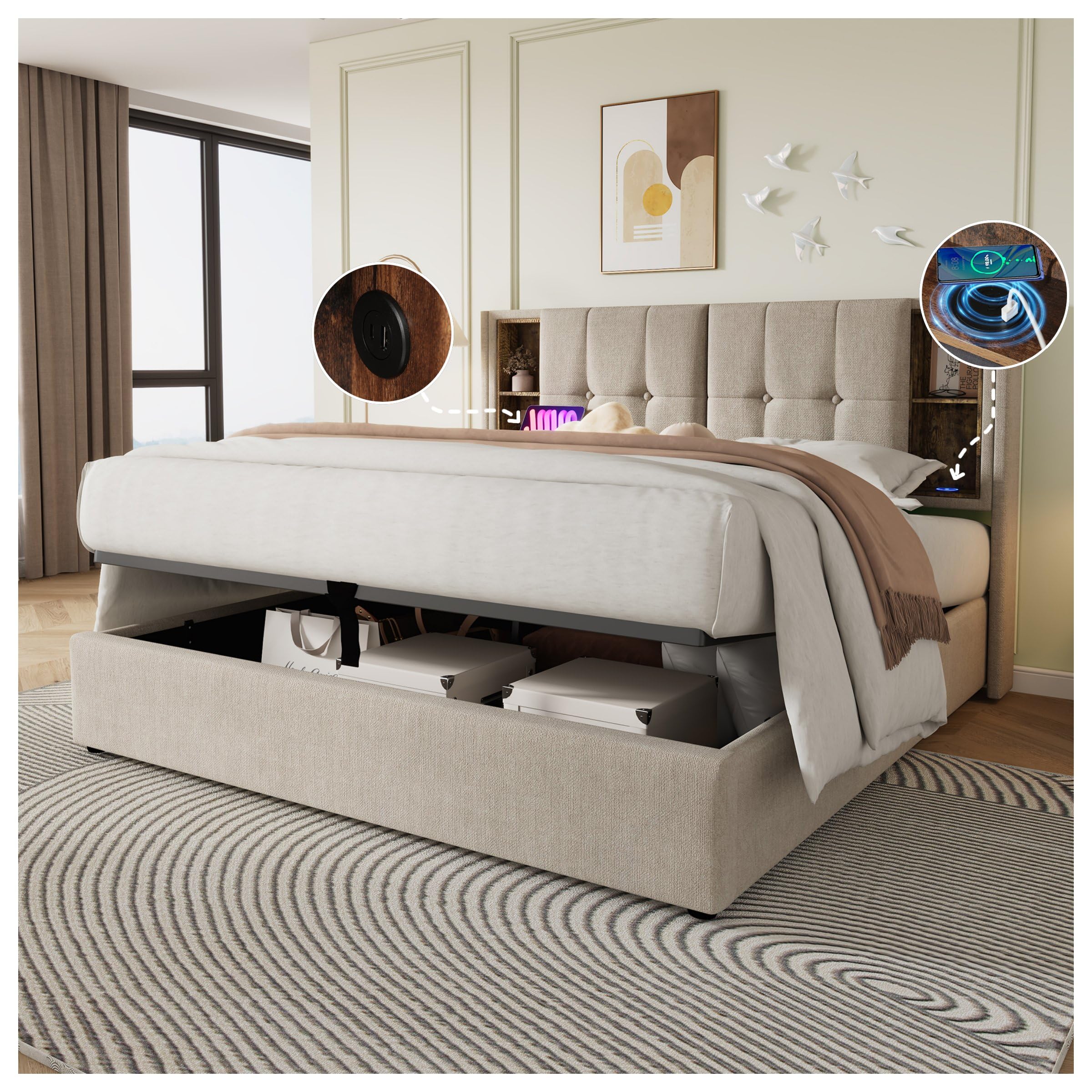 Camas matrimoniales, con Carga inalámbrica USB C, somier 160x200cm, somier con Espacio de Almacenamiento, Camas Infantiles, canape 160x200, algodón Gris (sin colchón)