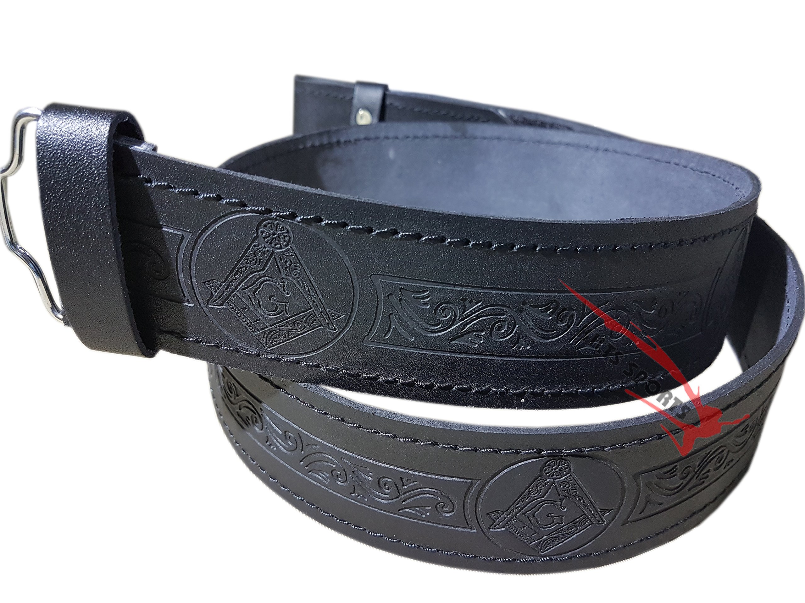 All Kilts Sports Scottish Highlander Black Leather Embossed Mesonic Kilt Belt (S(26-28-30))