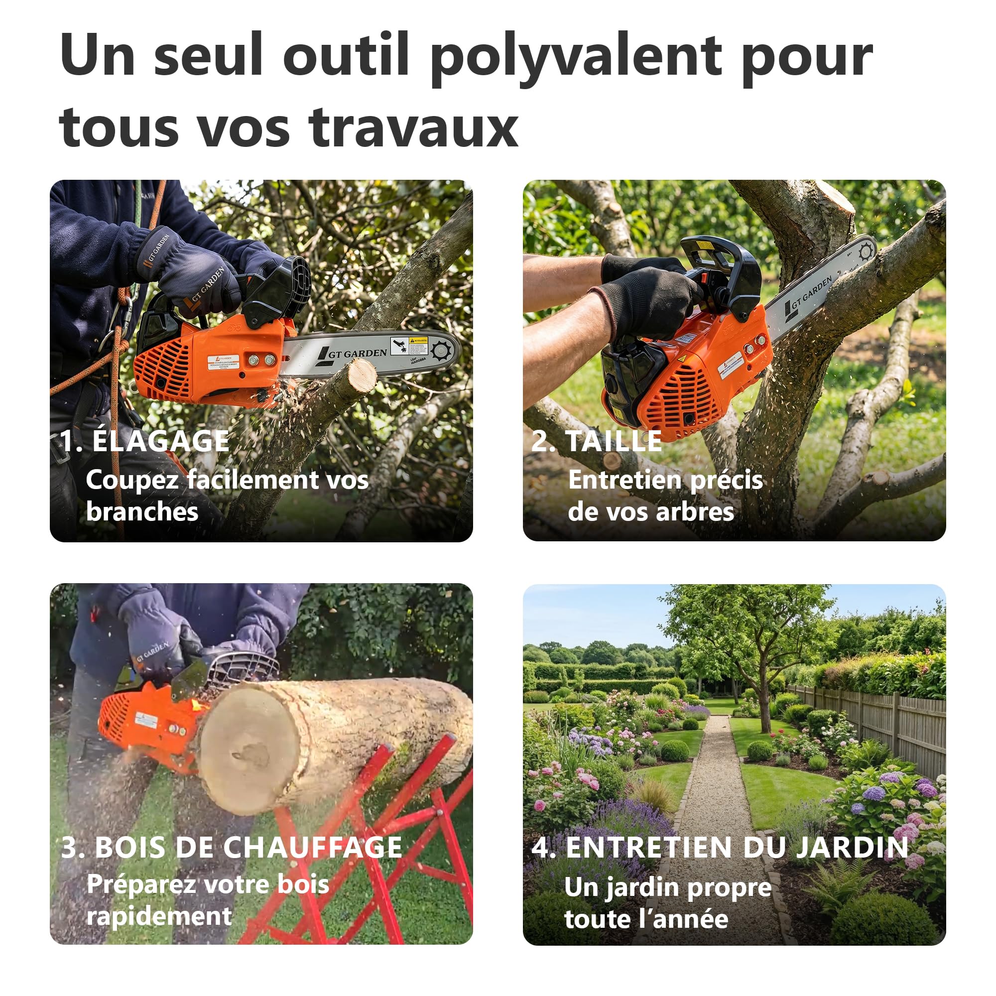 Tronçonneuse élagueuse thermique 25 cm3, 1 CV, guide 26 cm, 2 chaînes