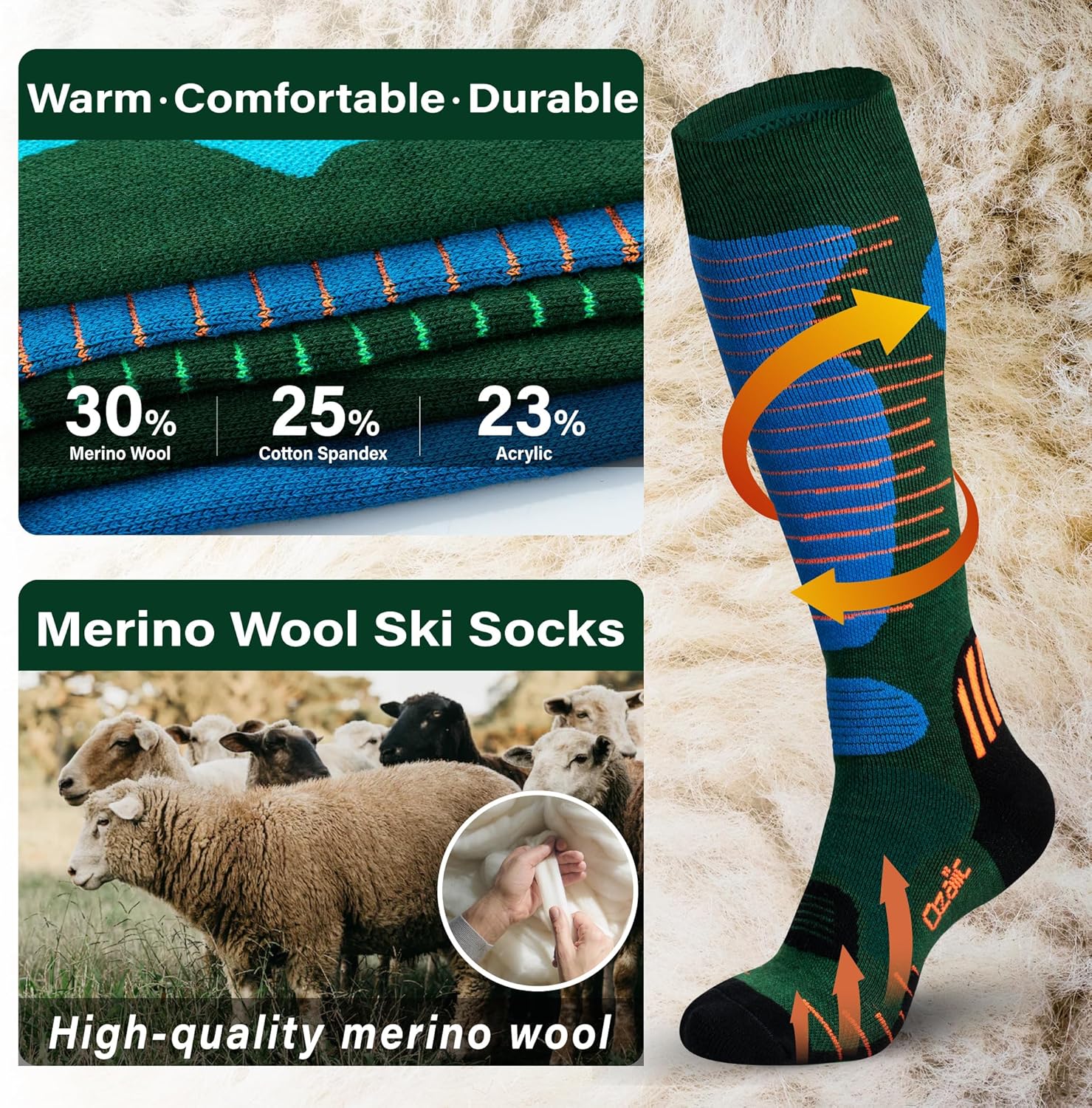 Merino Wool Ski Socks Mens Womens 2 Pairs for Skiing, Snowboarding, Thermal Knee High Winter Warm Sports Performance Socks - Image 3