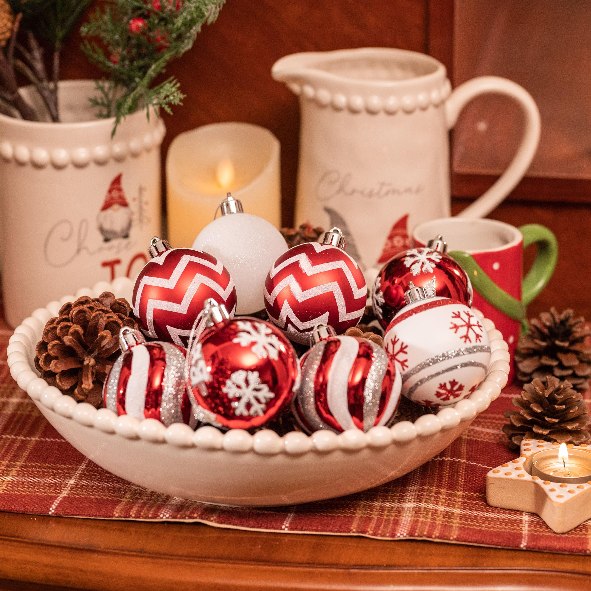 Valery Madelyn Lot de 30 décorations de Noël incassables pour sapin de Noël, rouge et blanc, 6 cm, décorations à suspendre en vrac pour fête de Noël