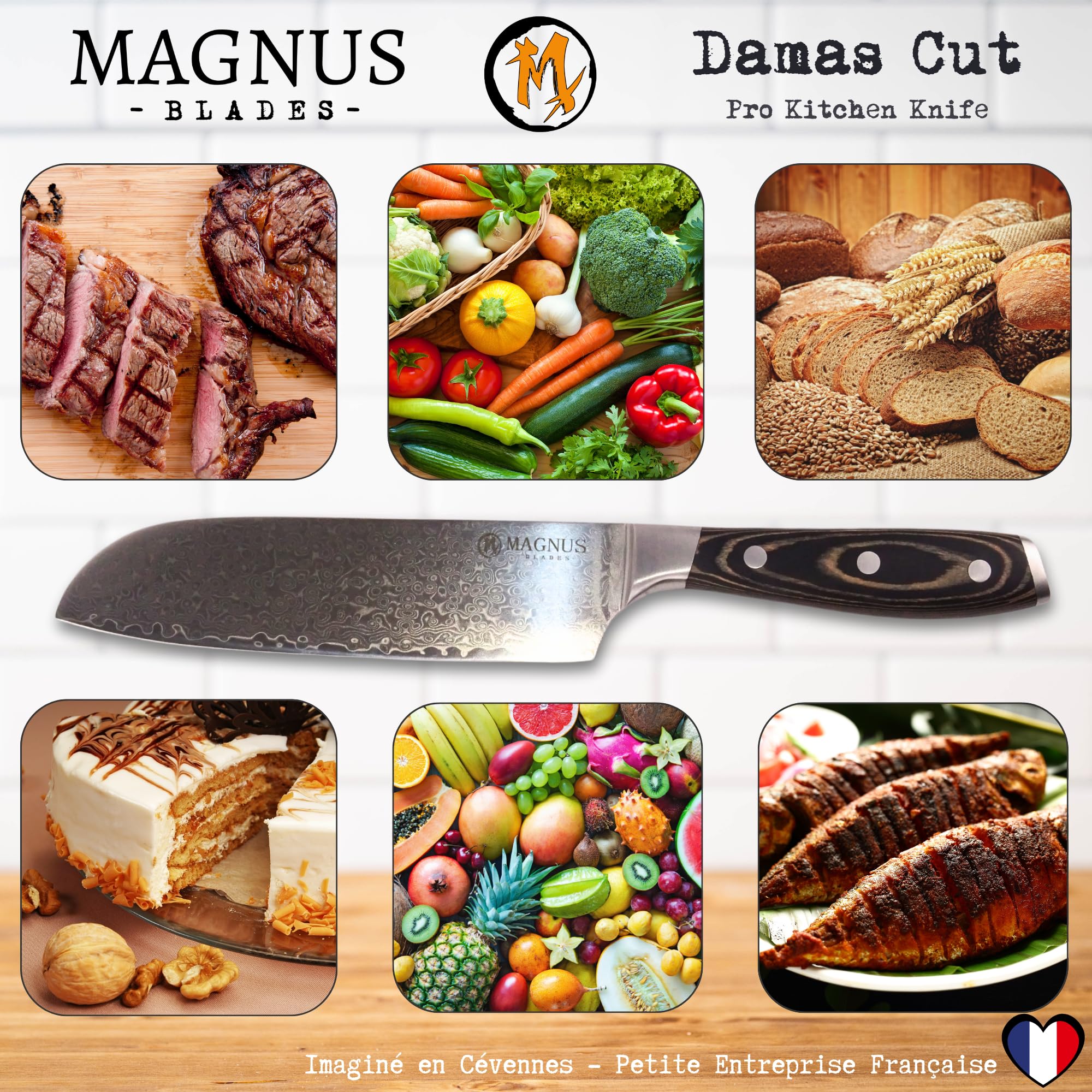 DAMAS CUT - Couteau de Chef Santoku - Véritable Lame Damas 18 cm Ultra Tranchante - Manche bois recyclé - Soie Pleine - Très Confortable - Polyvalent - Avec Etui De Protection - Enfin Un Cadeau Utile