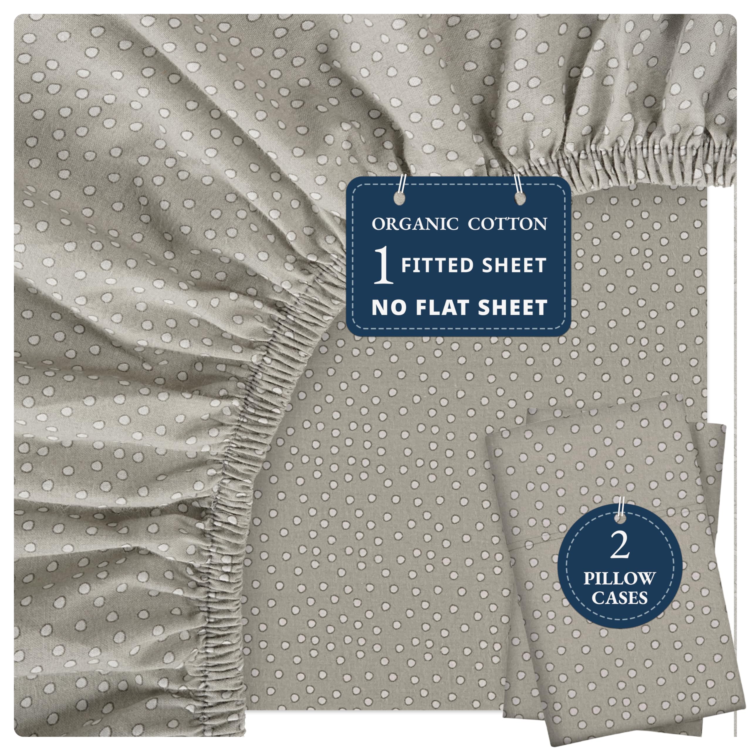 LANE LINEN 100% Organic Cotton Fitted Sheet Double – Bottom Sheet with 2 Pillowcases, Soft & Breathable, 35 cm Deep Pocket, All-Around Elastic - White Grey Dot — image 1