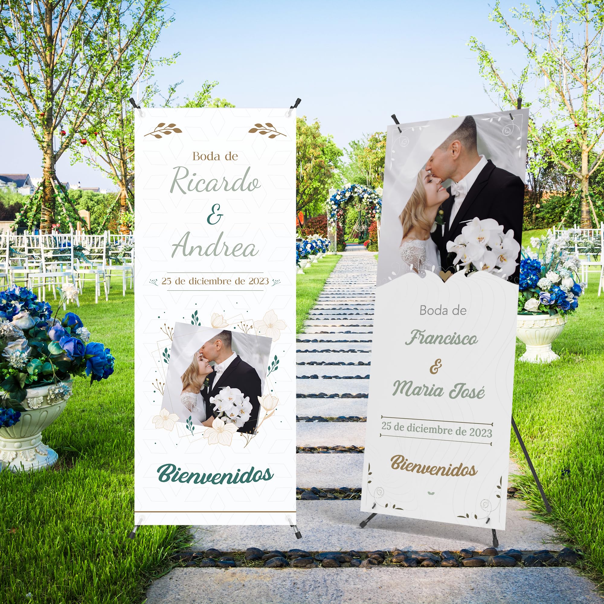 Photocall Bodas 70x180cm Personalizable con Foto y Texto – Cartel Bienvenida Boda – Pancarta Personalizada con Estructura para Decoración Boda - 2 Modelos a Elegir (Modelo 2)
