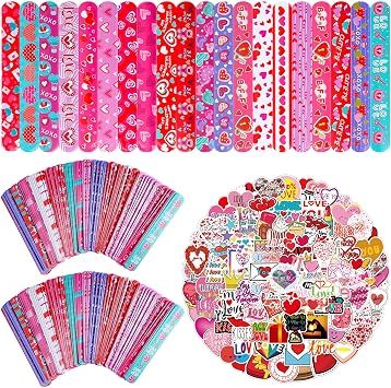 Kolewo4ever 400 Pieces Valentines Day Gifts Set200 Pieces Valentine Slap Bracelets Lovely Heart Slap Bracelets 200 Pieces Valentine Stickers for Party Supplies
