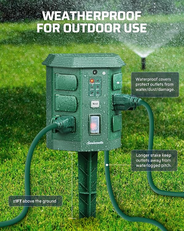 DEWENWILS Outdoor Power Stake Timer with Photocell Sensor, 6FT Extension Cord & 6 Grounded Outlets, Waterproof Outdoor Photocell Stake Timer for for Lights, Yard, Garden, UL Listed by DEWENWILS - Image 6