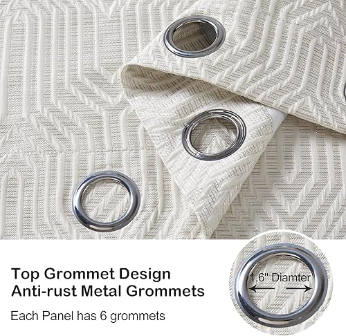 Miniatura 6 de Cortinas opacas 100% color crema y plateado, juego de 2, patrón geométrico jacquard, con ojales, para oscurecer la habitación, con aislamiento