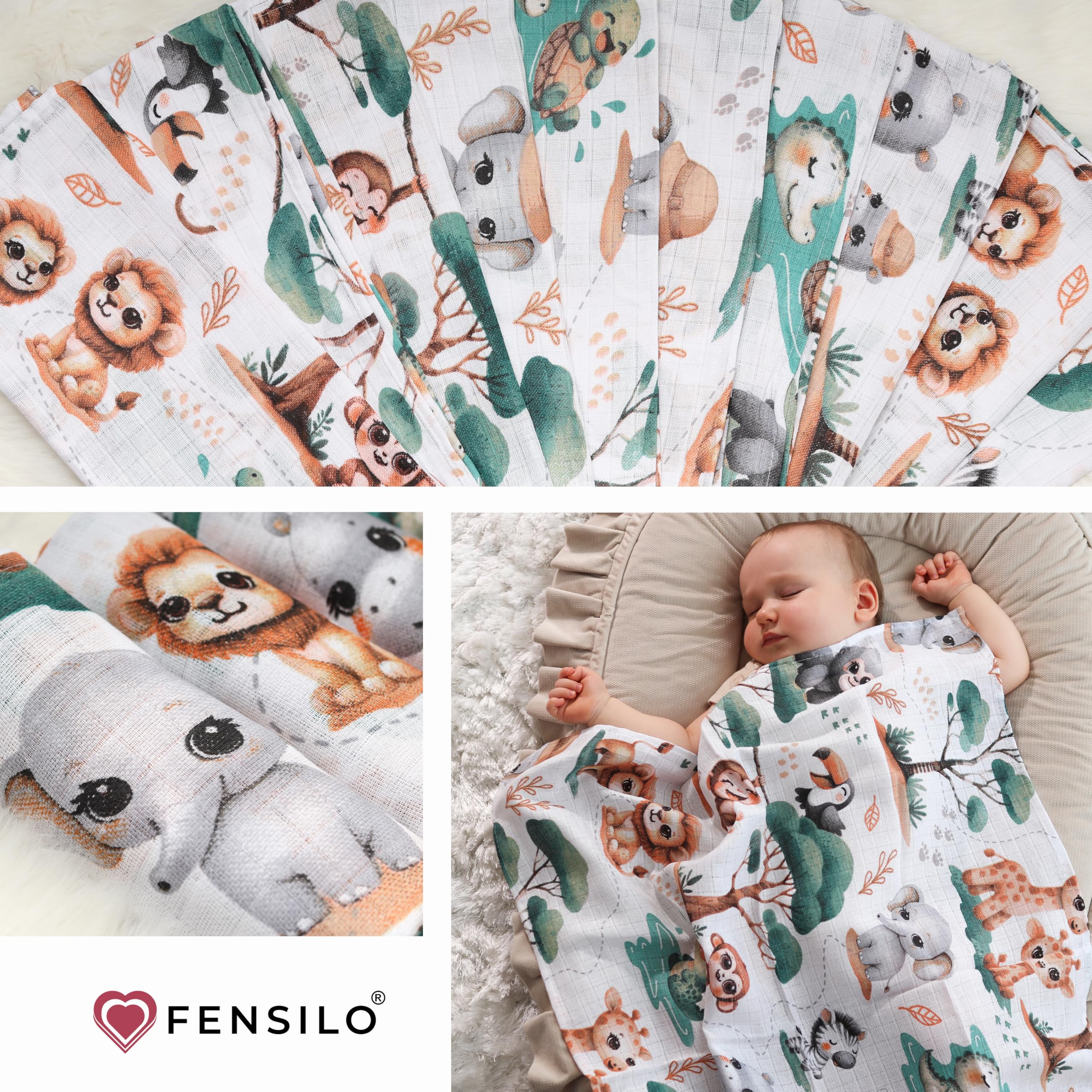 FENSILO Pieluchy muślinowe dla niemowląt, ściereczki z muślinu, 10 sztuk, 70 x 80 cm, dla niemowląt i noworodków, muślinowe ściereczki dla chłopców i dziewczynek, bawełniane ściereczki do sprania,